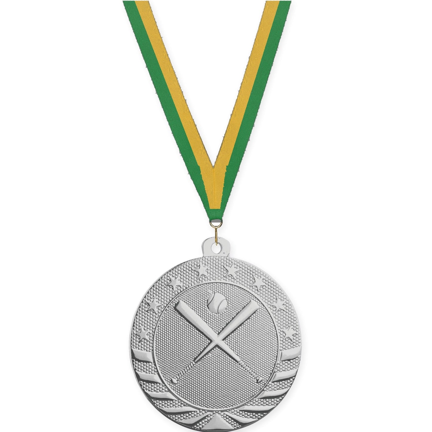 2 inch baseball and softball Starbrite medal in bright silver with Green Gold neck ribbon