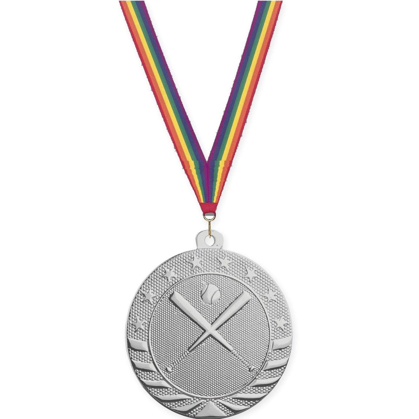2 inch baseball and softball Starbrite medal in bright silver with Rainbow neck ribbon