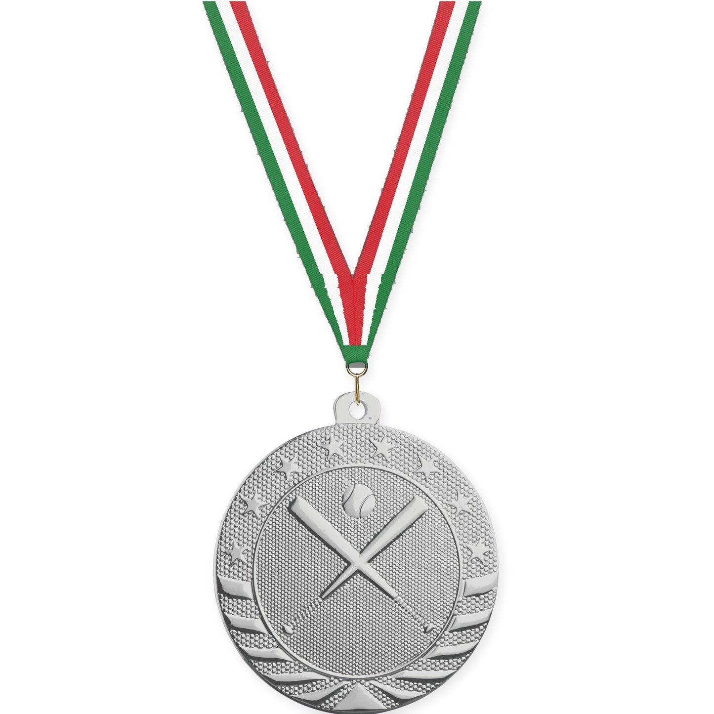 2 inch baseball and softball Starbrite medal in bright silver with Green White Red neck ribbon