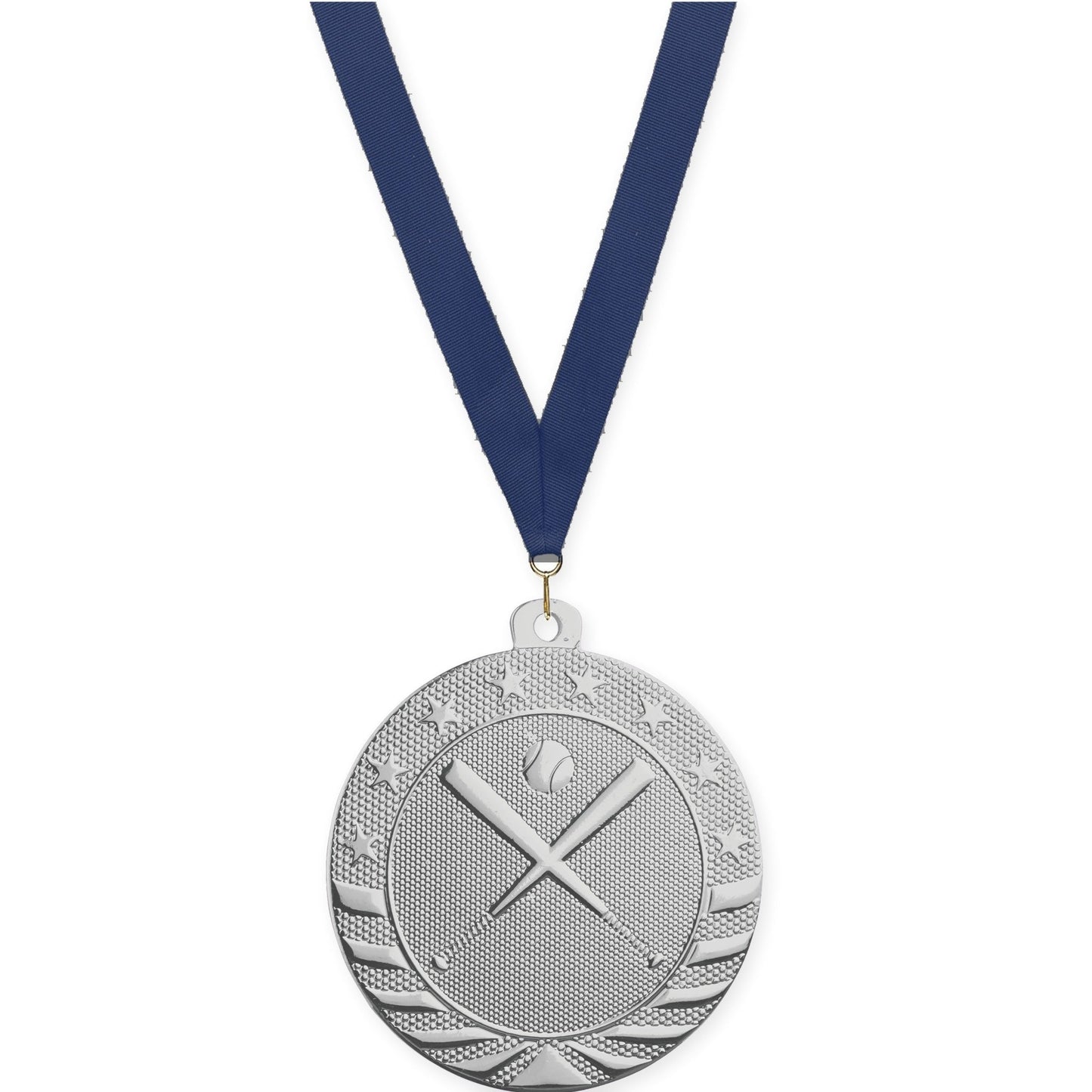2 inch baseball and softball Starbrite medal in bright silver with Navy neck ribbon