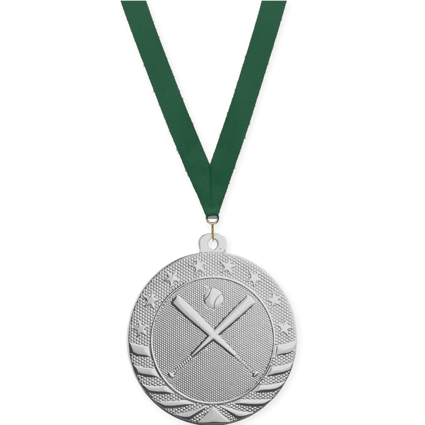2 inch baseball and softball Starbrite medal in bright silver with Hunter Green neck ribbon