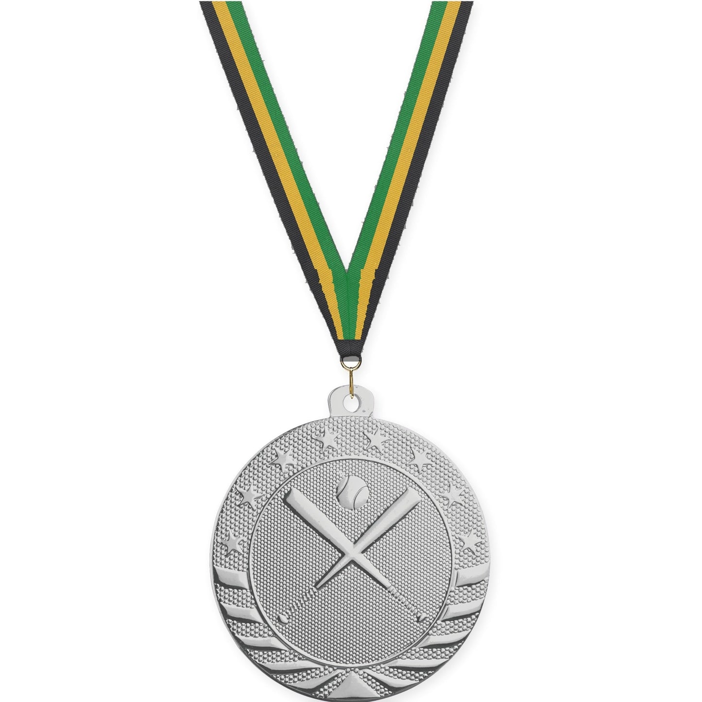2 inch baseball and softball Starbrite medal in bright silver with Black Gold Green neck ribbon