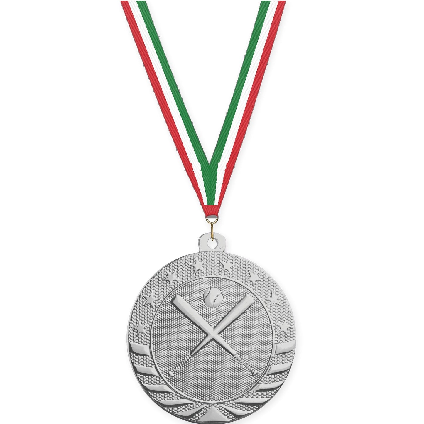 2 inch baseball and softball Starbrite medal in bright silver with Red White Green neck ribbon