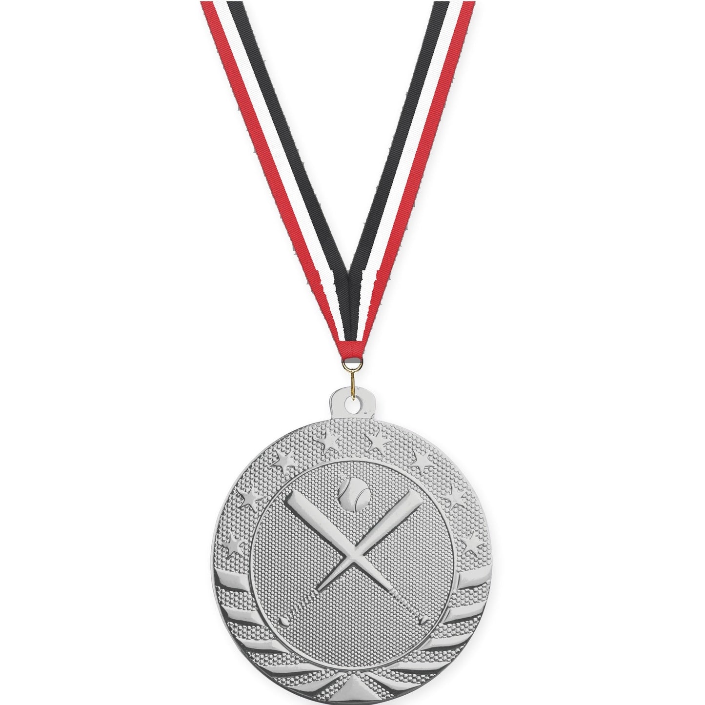 2 inch baseball and softball Starbrite medal in bright silver with Red White Black neck ribbon