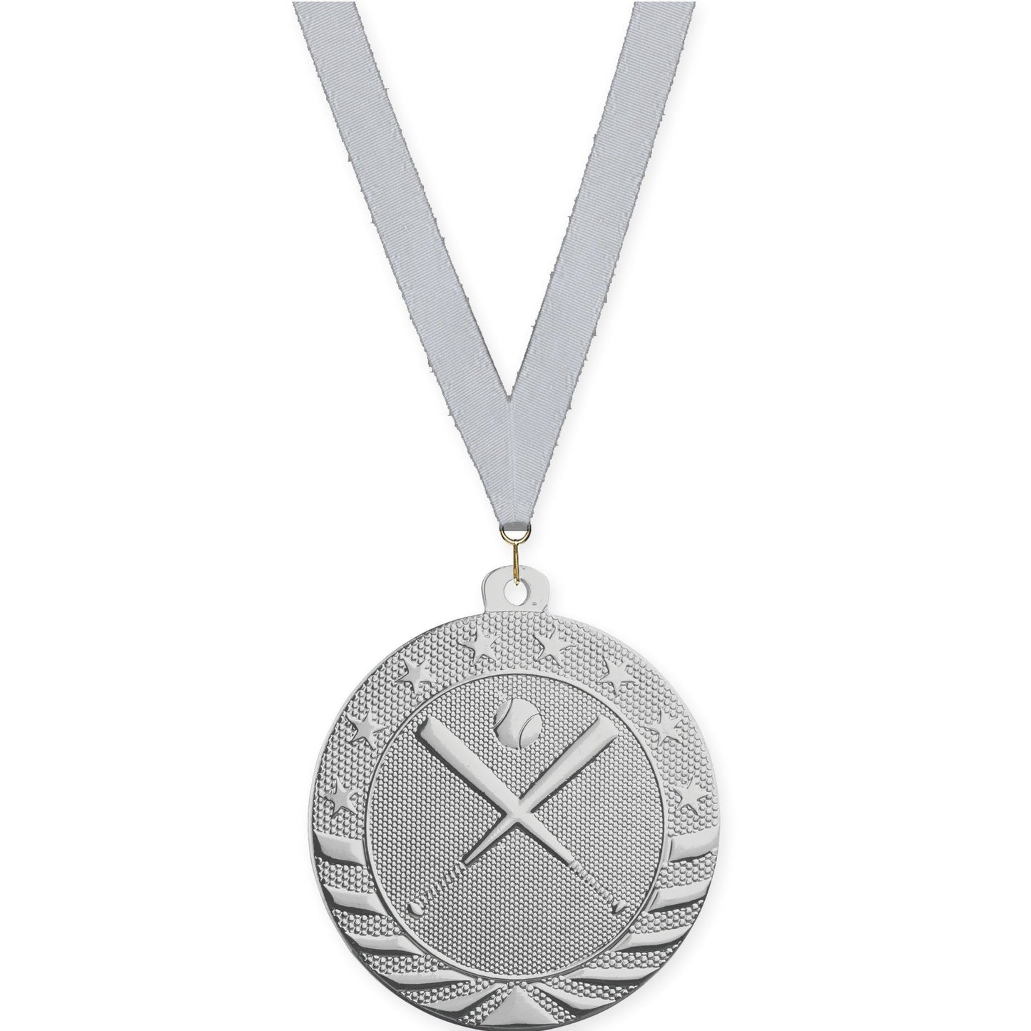 2 inch baseball and softball Starbrite medal in bright silver with Silver Metallic neck ribbon