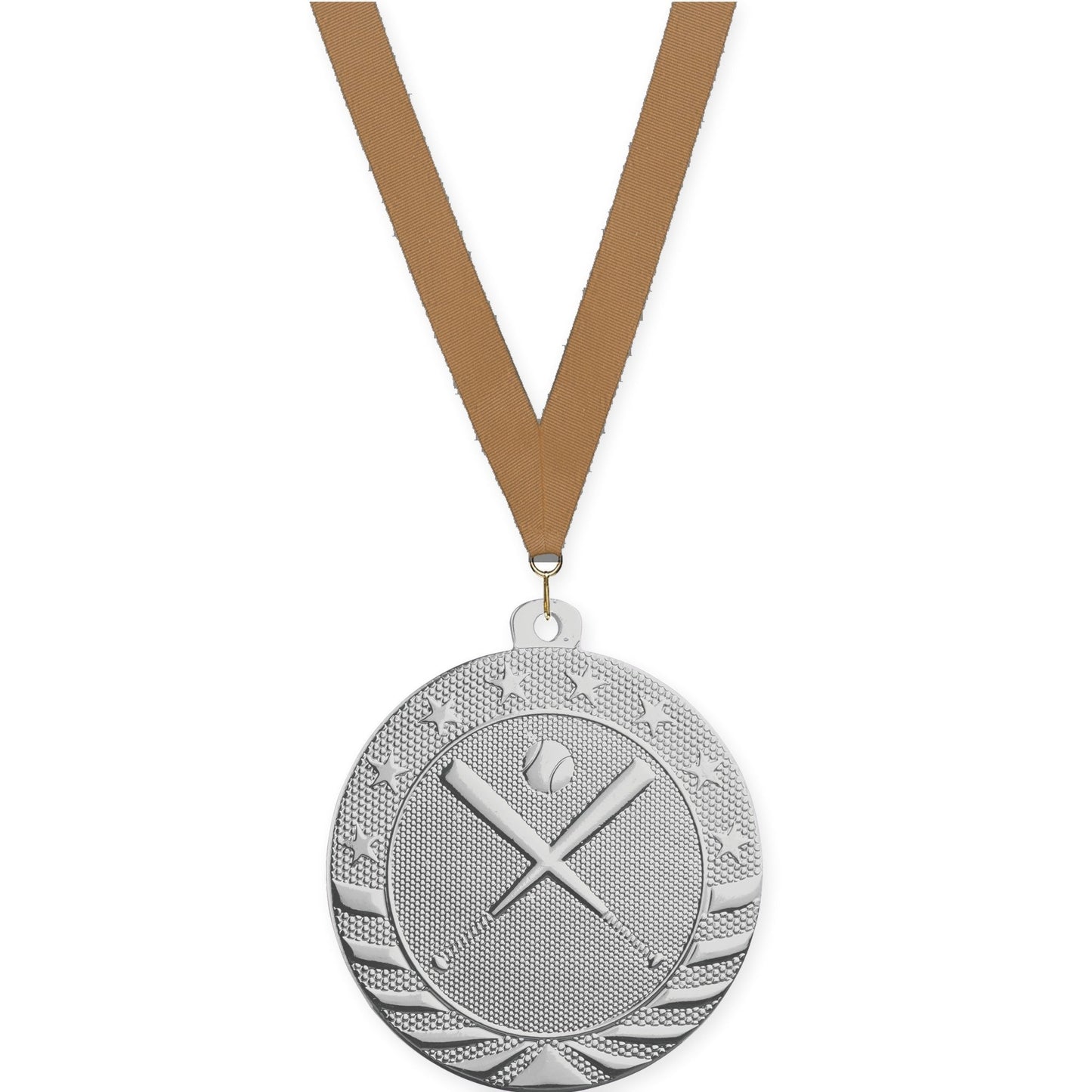2 inch baseball and softball Starbrite medal in bright silver with Bronze Metallic neck ribbon