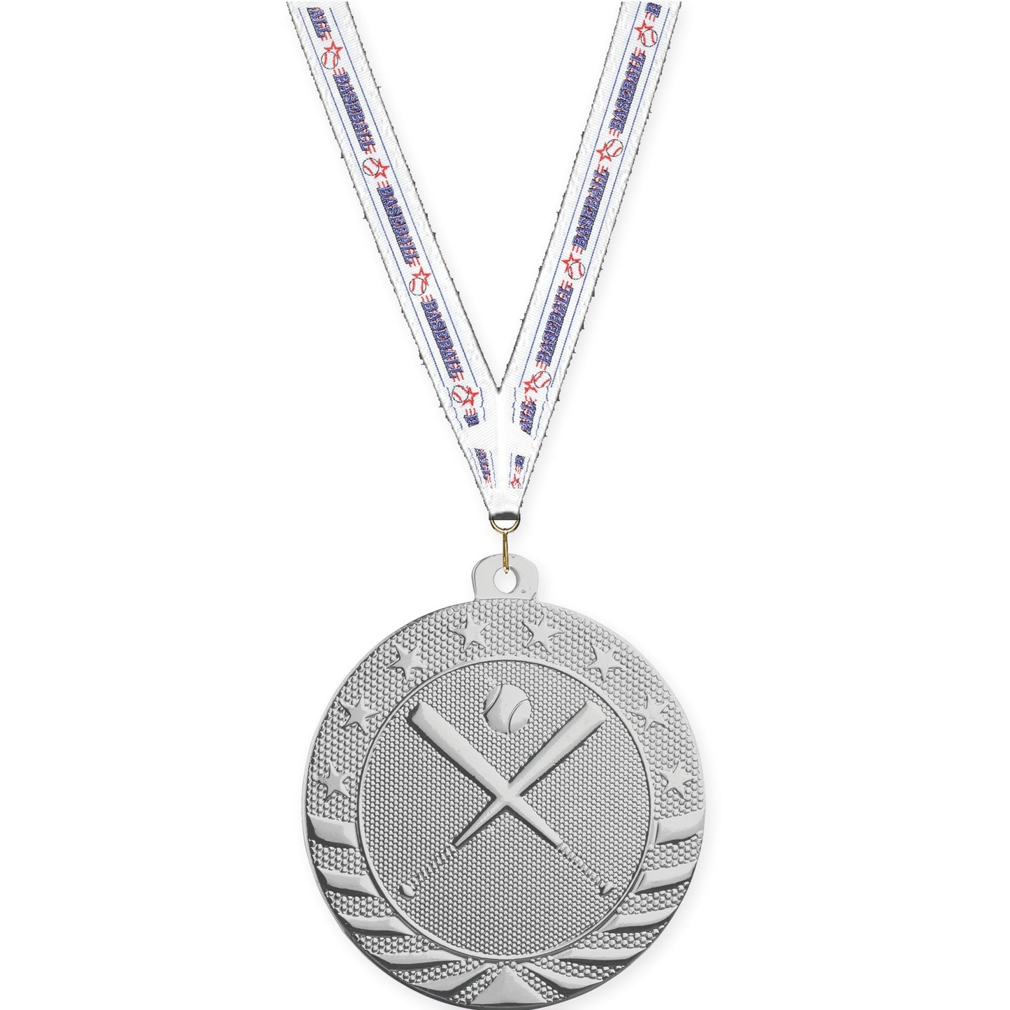 2 inch baseball and softball Starbrite medal in bright silver with Baseball neck ribbon