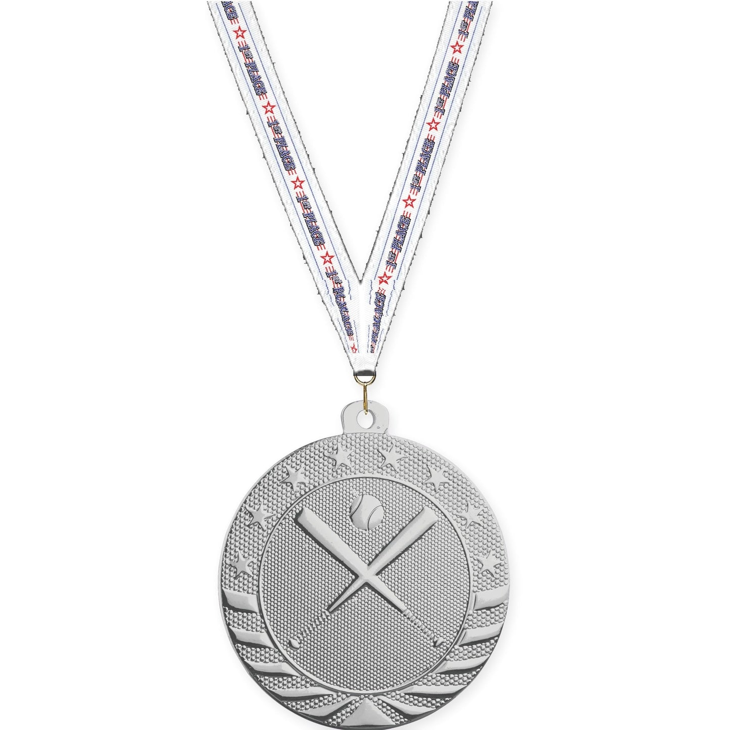 2 inch baseball and softball Starbrite medal in bright silver with 1st Place neck ribbon