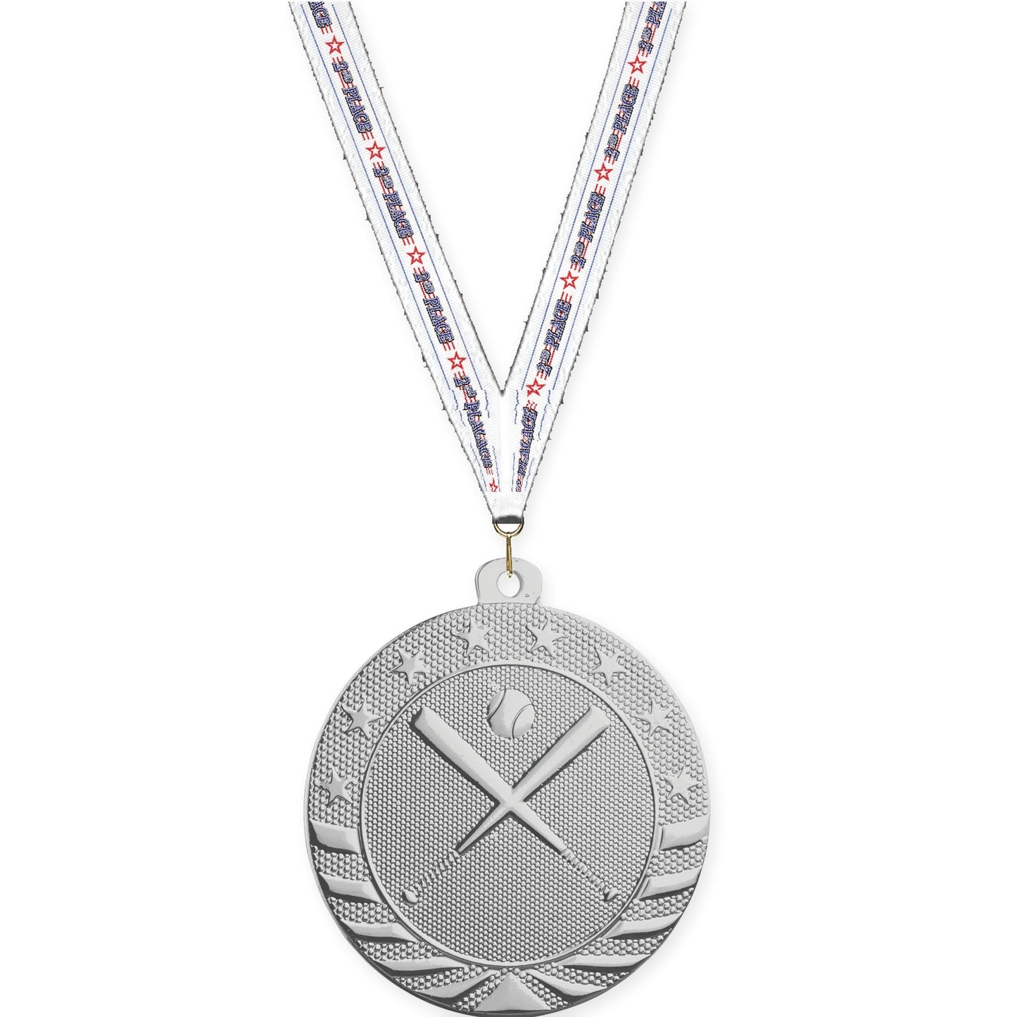 2 inch baseball and softball Starbrite medal in bright silver with 2nd Place neck ribbon