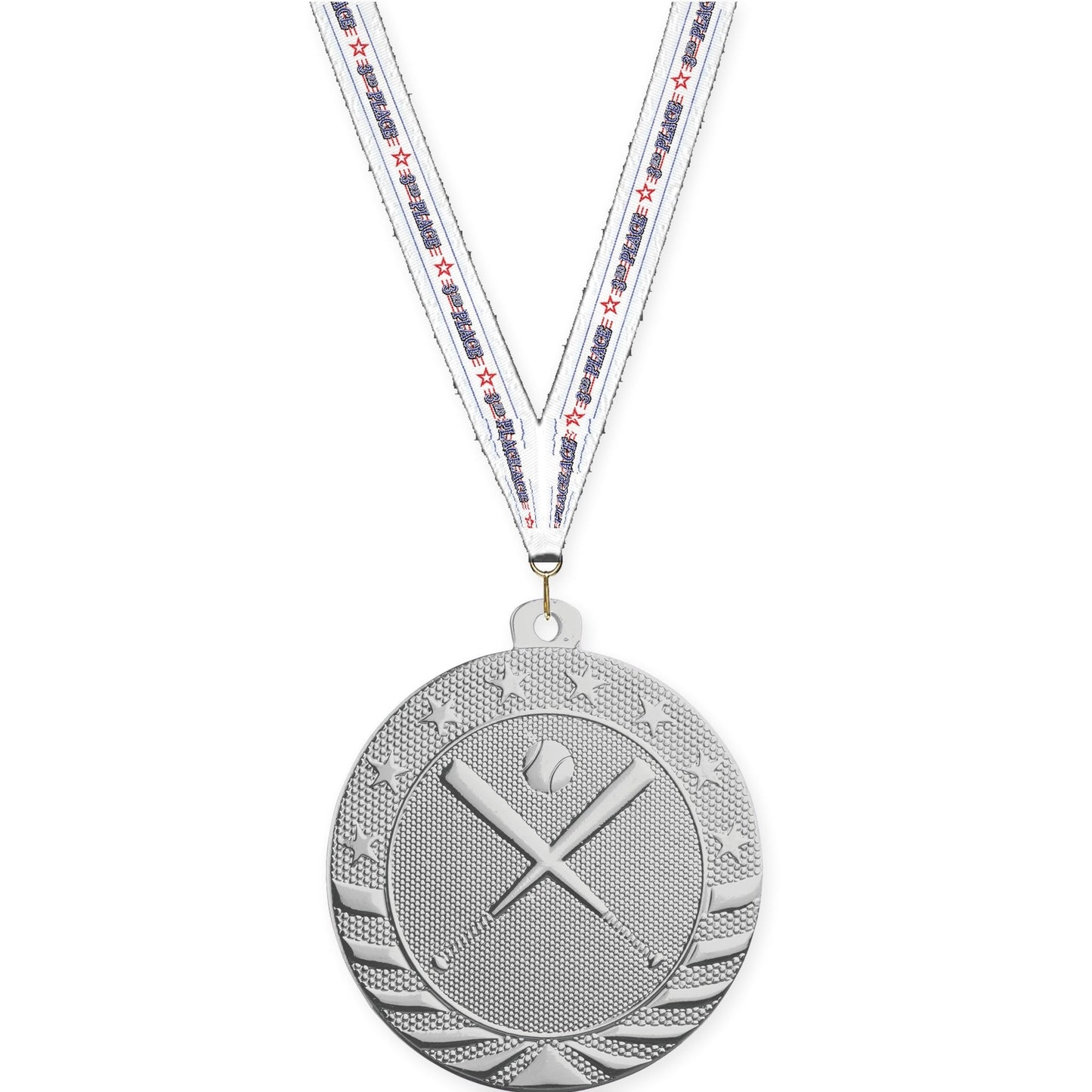 2 inch baseball and softball Starbrite medal in bright silver with 3rd Place neck ribbon