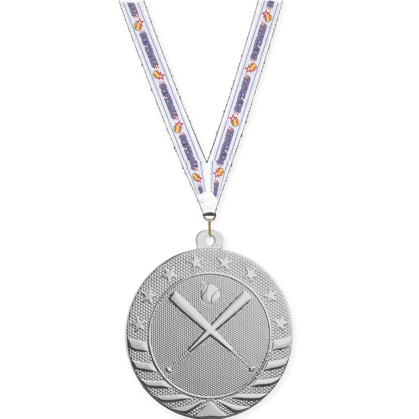 2 inch baseball and softball Starbrite medal in bright silver with Softball neck ribbon