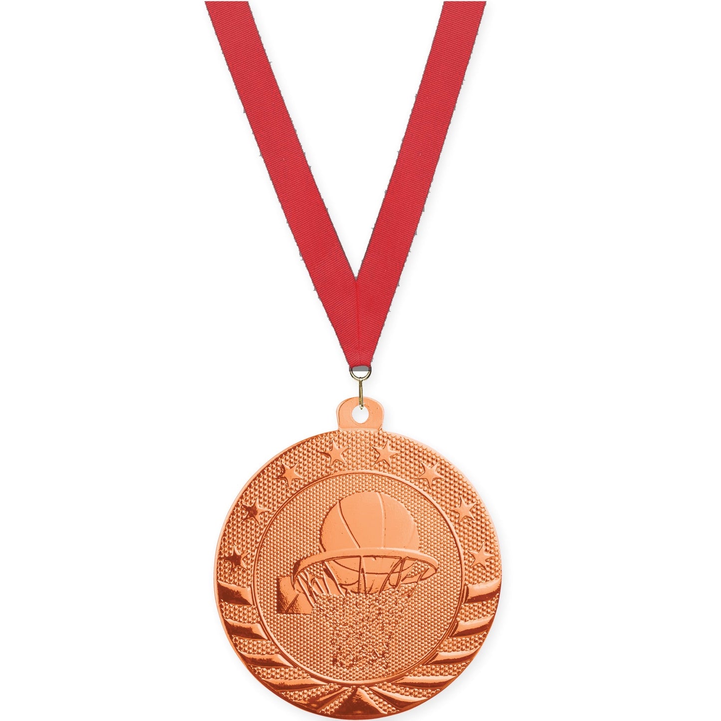 2 inch basketball Starbrite medal in bright bronze with Red neck ribbon