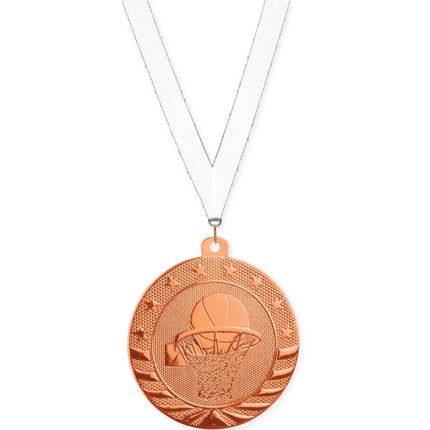 2 inch basketball Starbrite medal in bright bronze with White neck ribbon