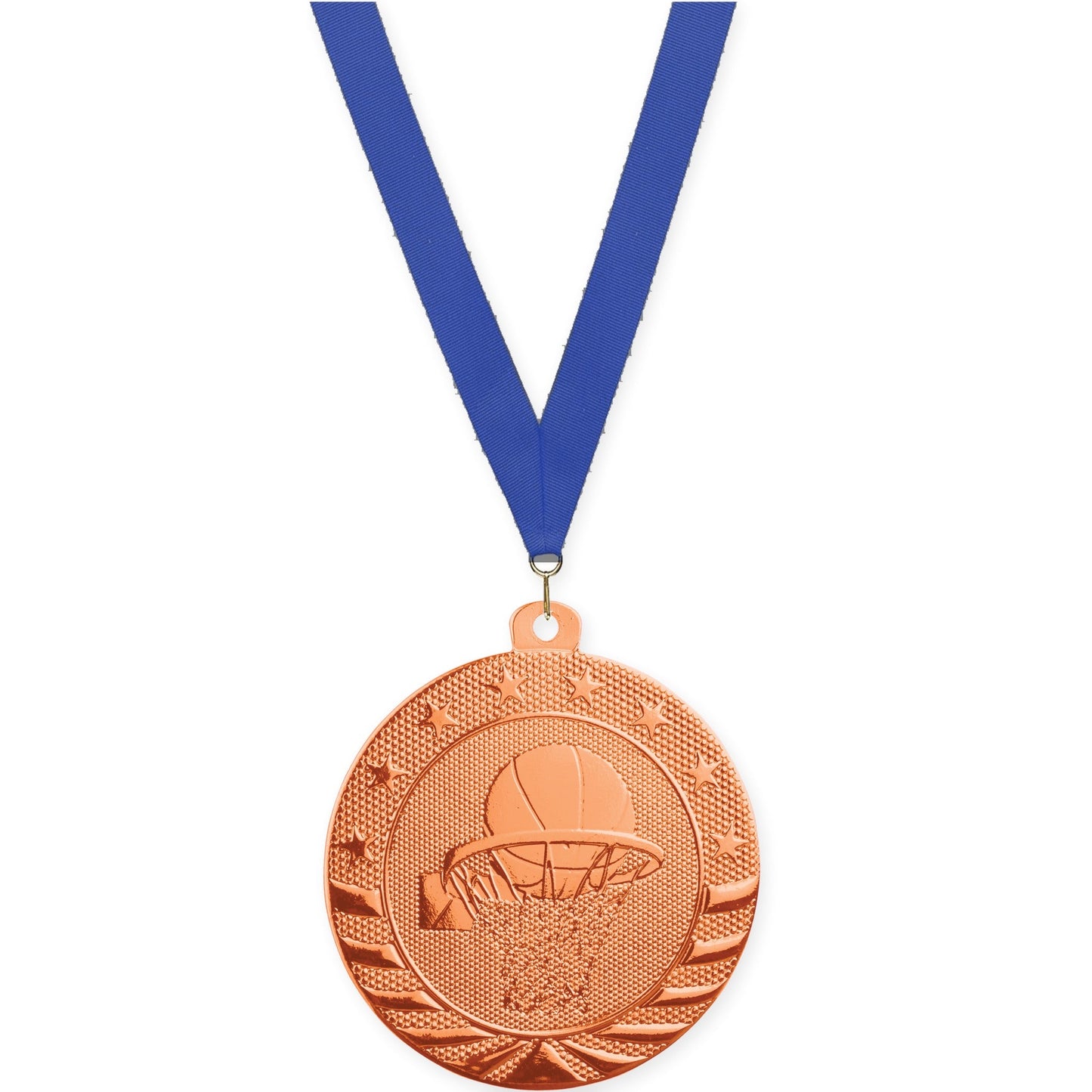 2 inch basketball Starbrite medal in bright bronze with Blue neck ribbon