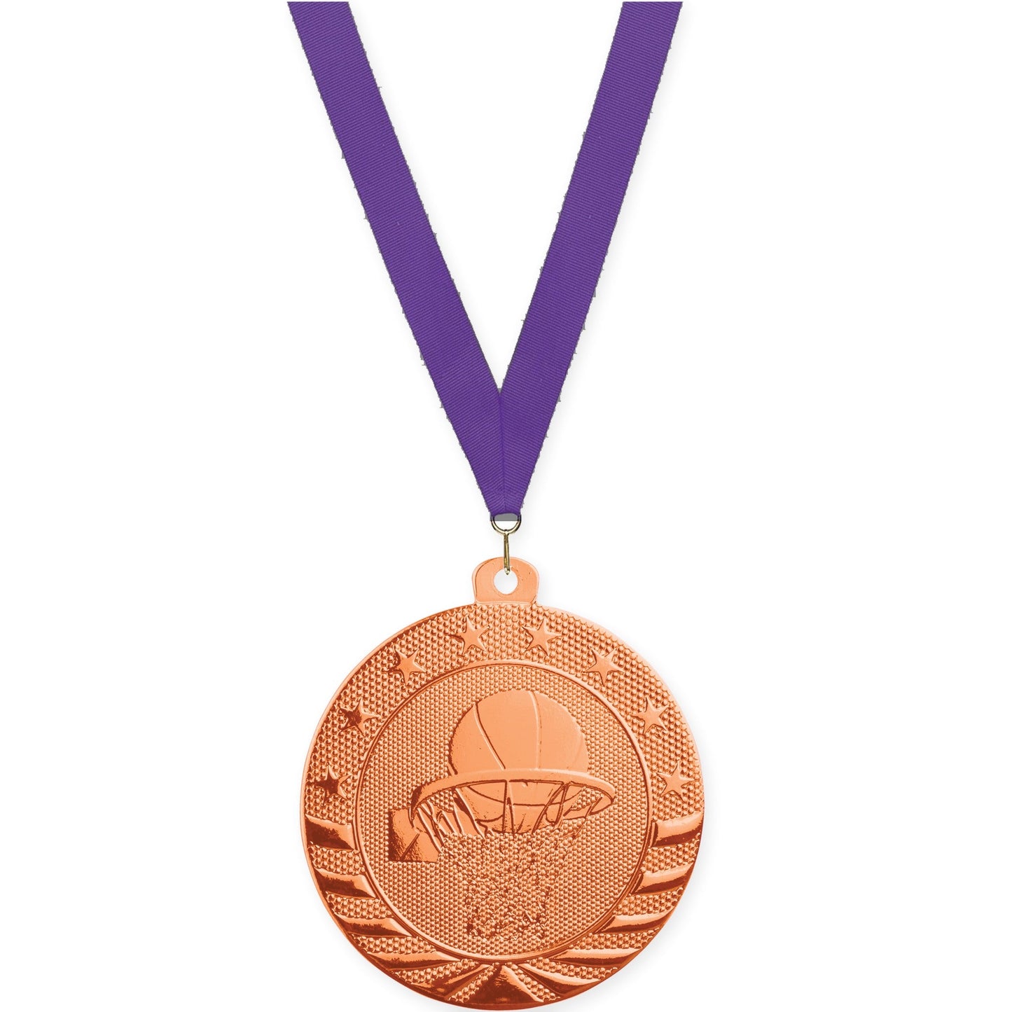2 inch basketball Starbrite medal in bright bronze with Purple neck ribbon