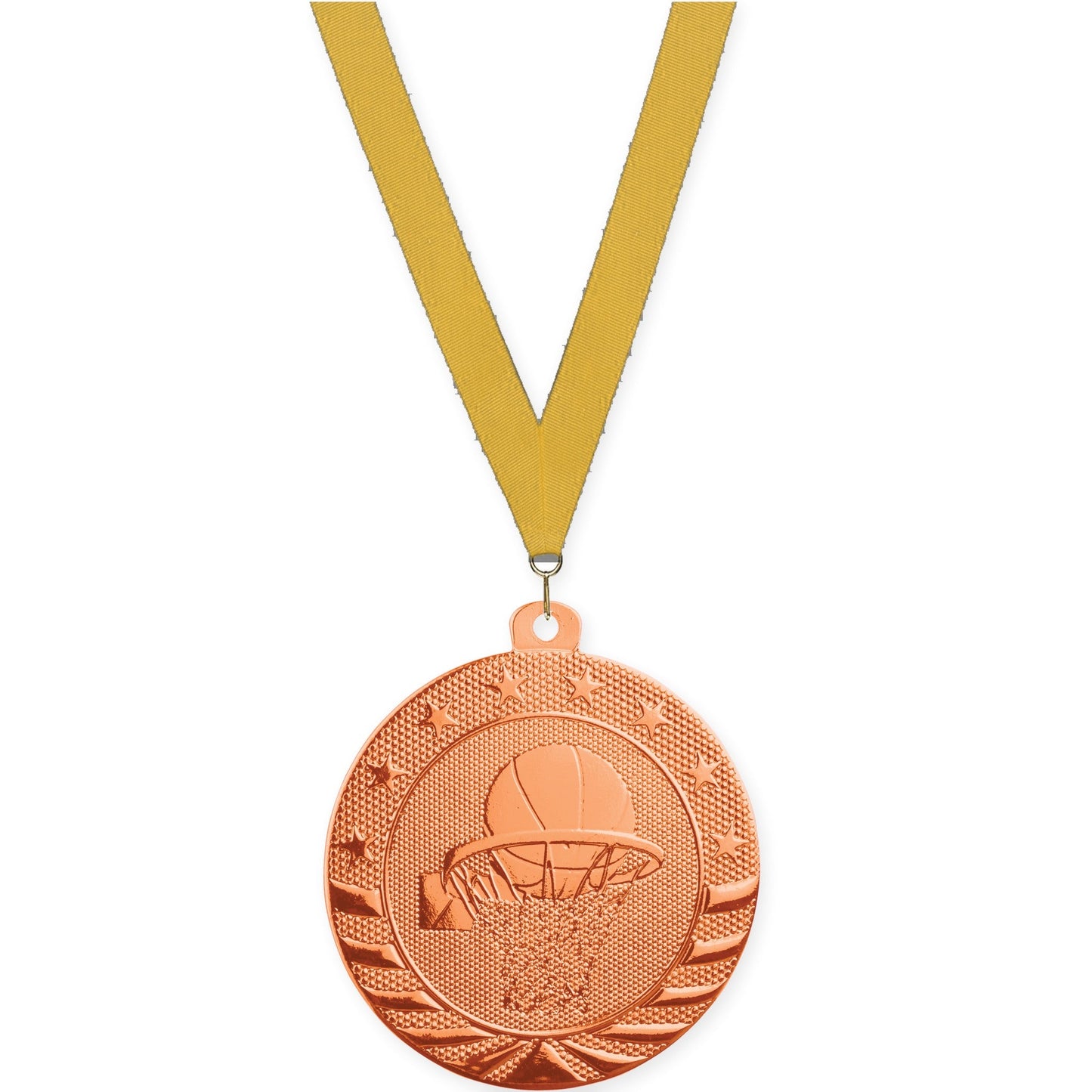 2 inch basketball Starbrite medal in bright bronze with Gold neck ribbon