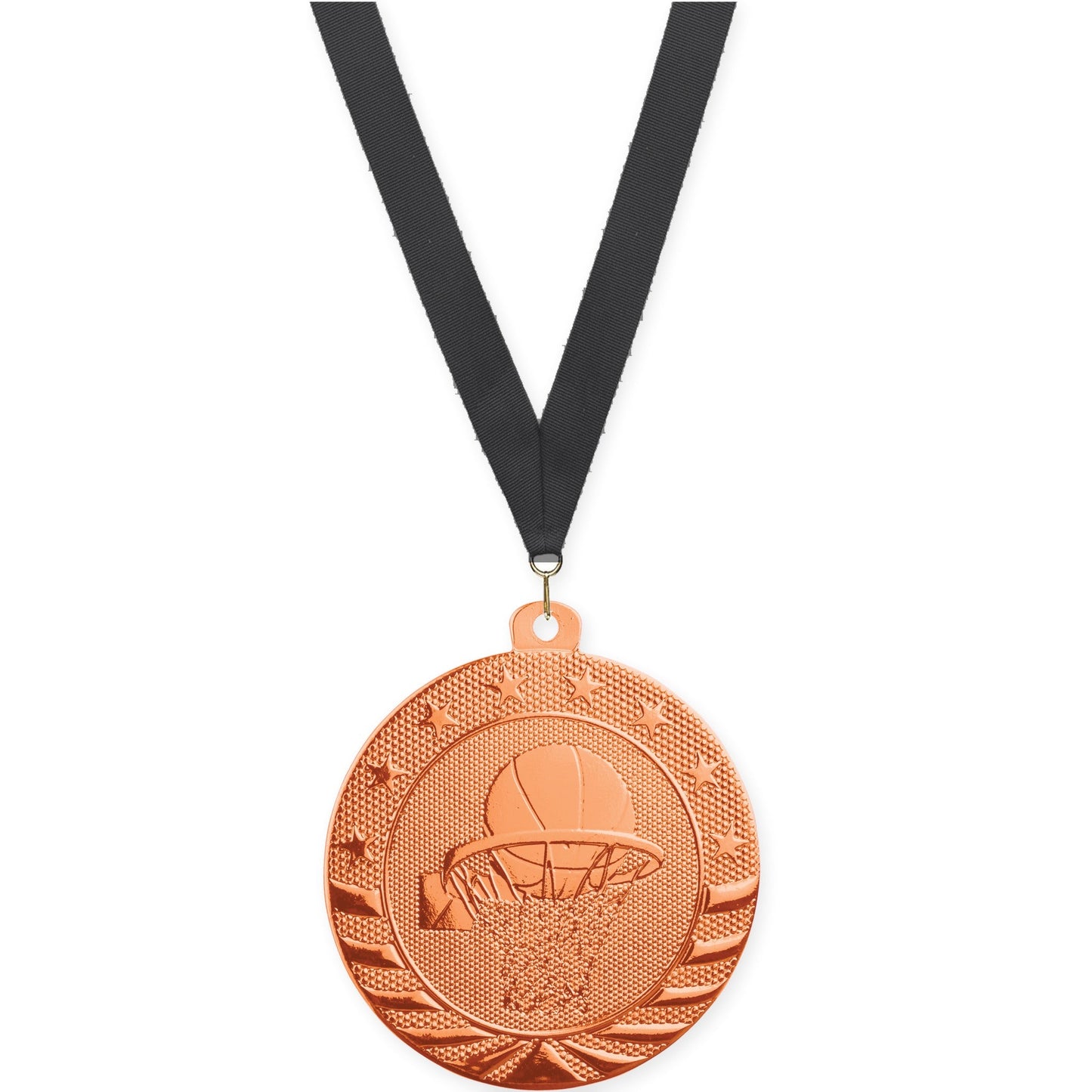 2 inch basketball Starbrite medal in bright bronze with Black neck ribbon