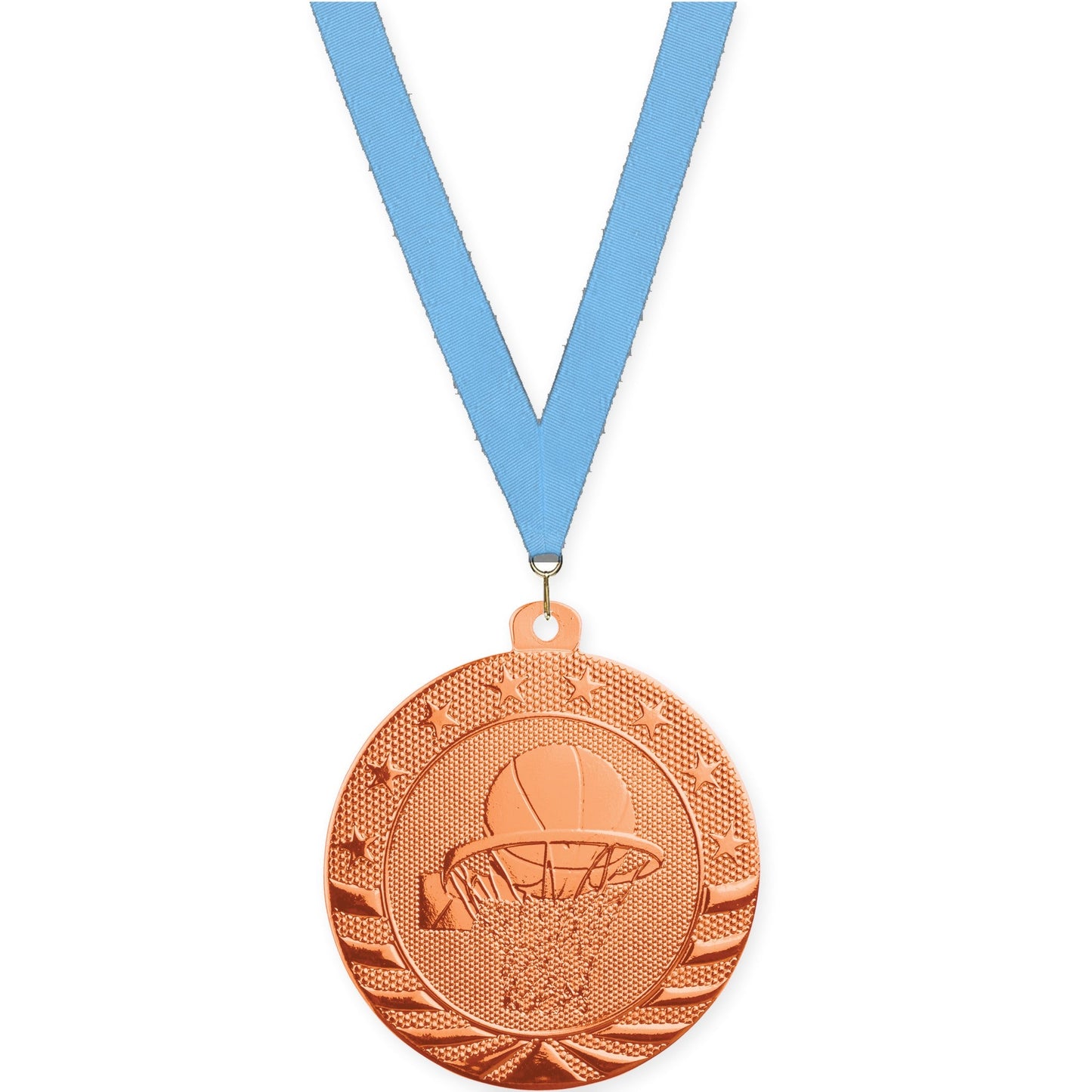 2 inch basketball Starbrite medal in bright bronze with Light Blue neck ribbon