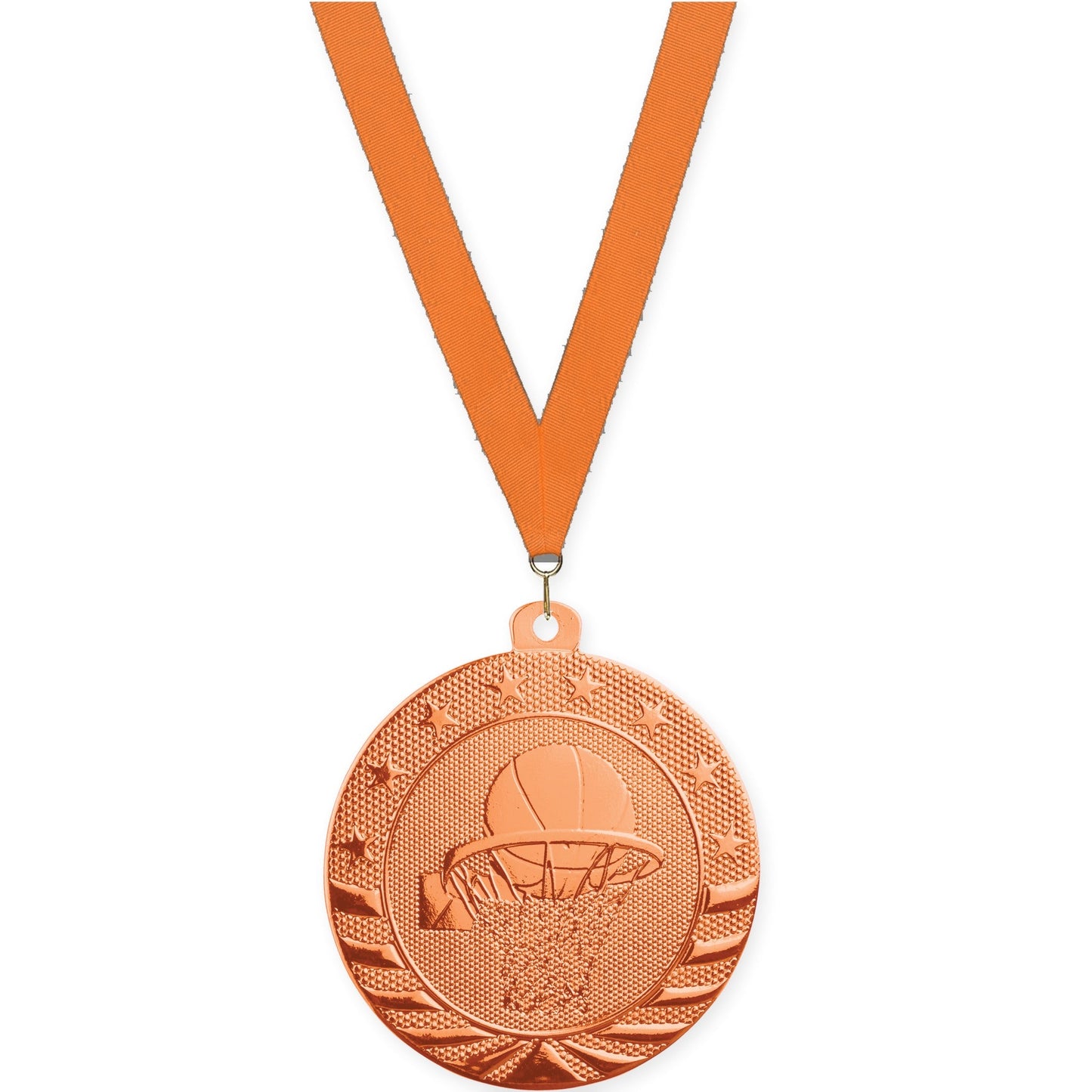2 inch basketball Starbrite medal in bright bronze with Orange neck ribbon