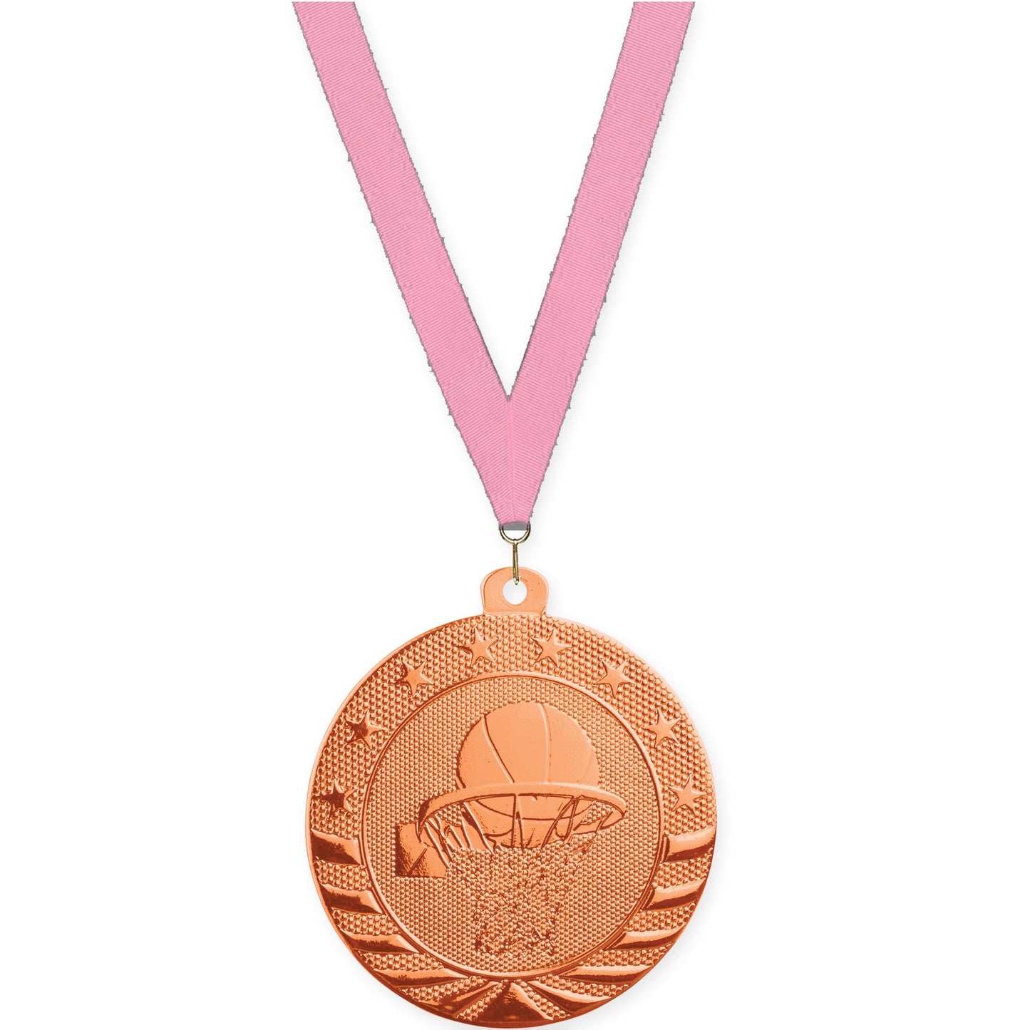 2 inch basketball Starbrite medal in bright bronze with Pink neck ribbon