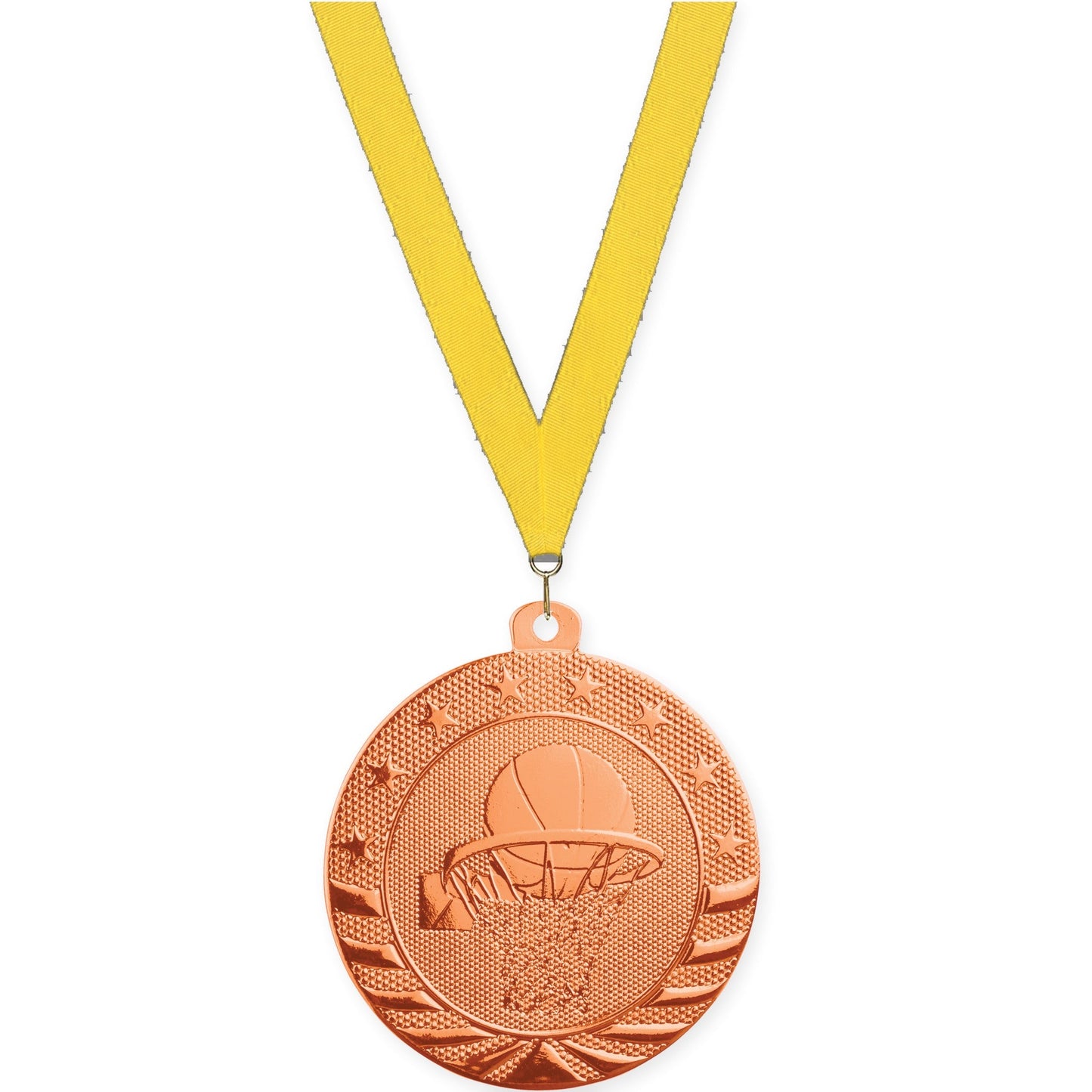 2 inch basketball Starbrite medal in bright bronze with Yellow neck ribbon