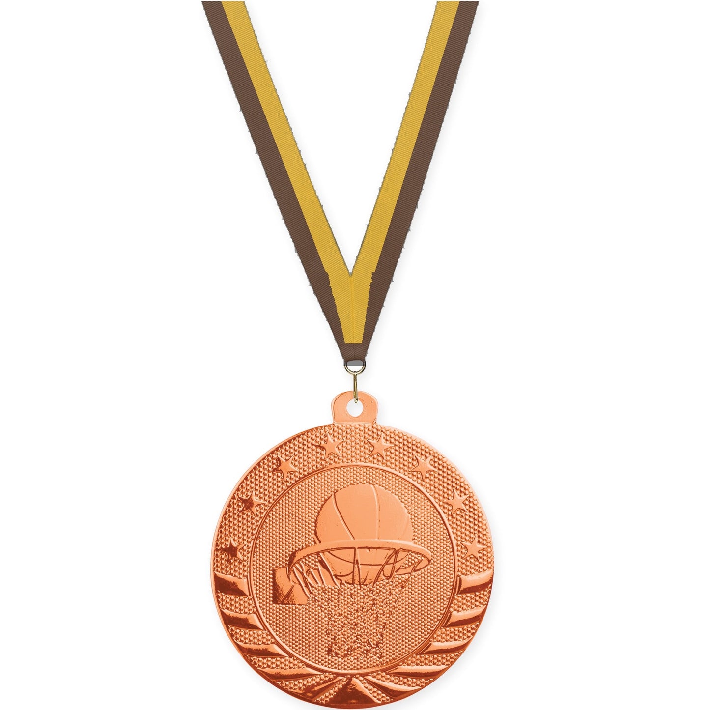 2 inch basketball Starbrite medal in bright bronze with Brown Gold neck ribbon