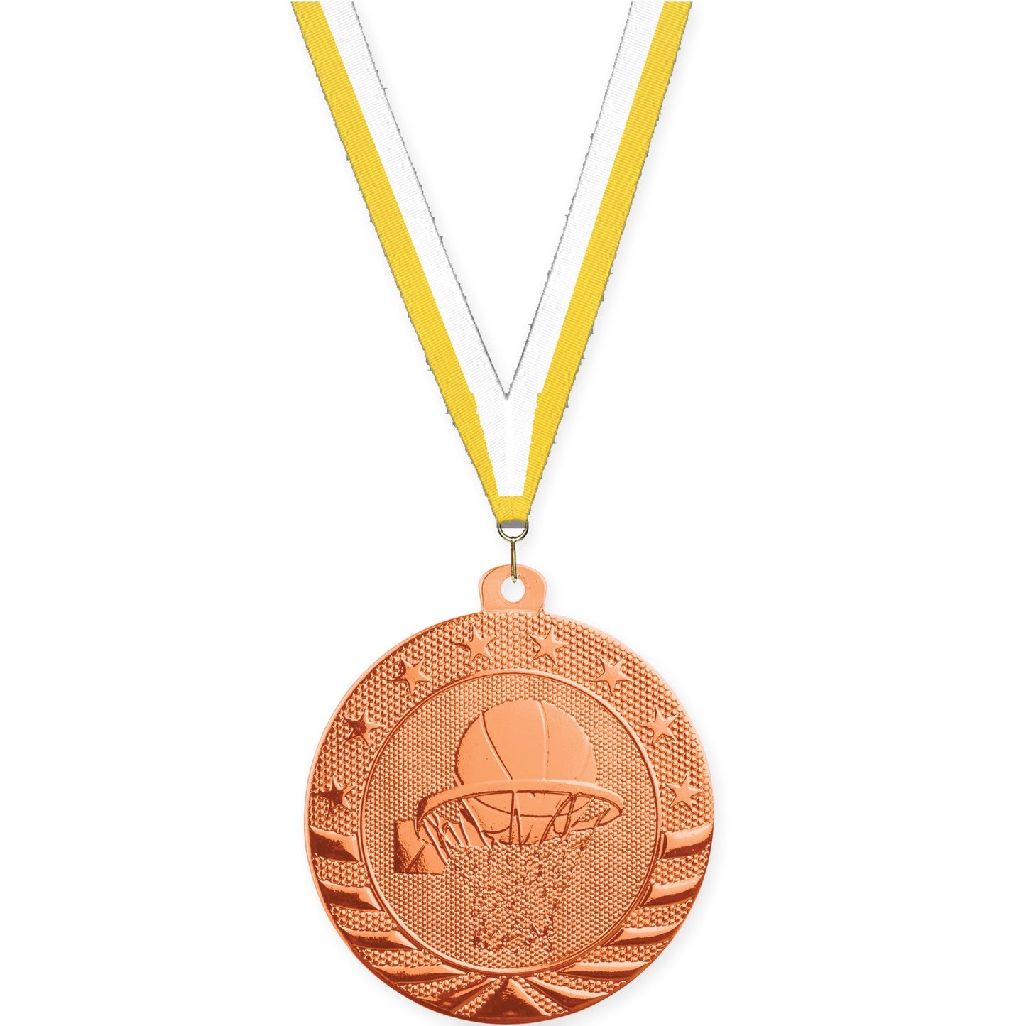 2 inch basketball Starbrite medal in bright bronze with Yellow White neck ribbon