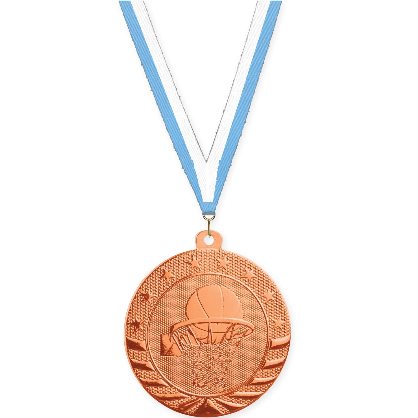 2 inch basketball Starbrite medal in bright bronze with Light Blue White neck ribbon