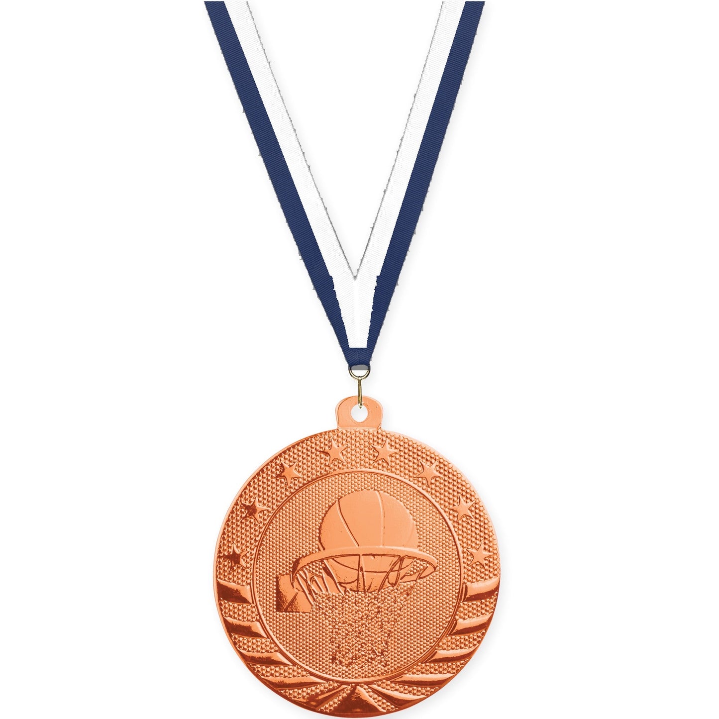 2 inch basketball Starbrite medal in bright bronze with Navy White neck ribbon