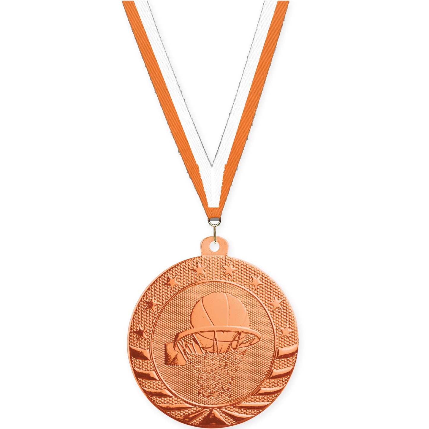 2 inch basketball Starbrite medal in bright bronze with Orange White neck ribbon