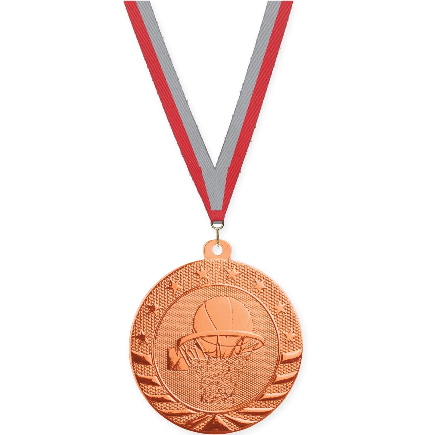 2 inch basketball Starbrite medal in bright bronze with Red Gray neck ribbon