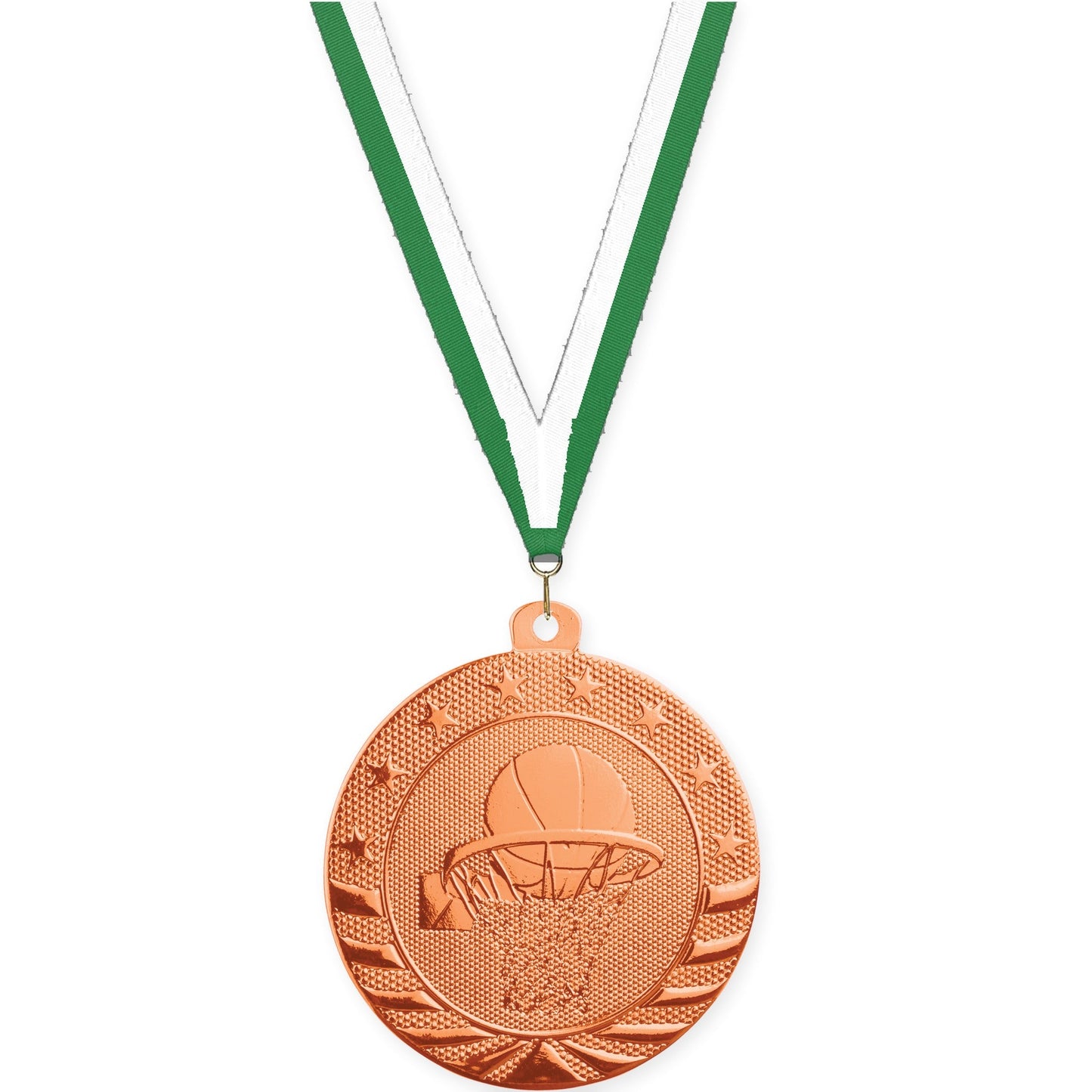 2 inch basketball Starbrite medal in bright bronze with Green White neck ribbon