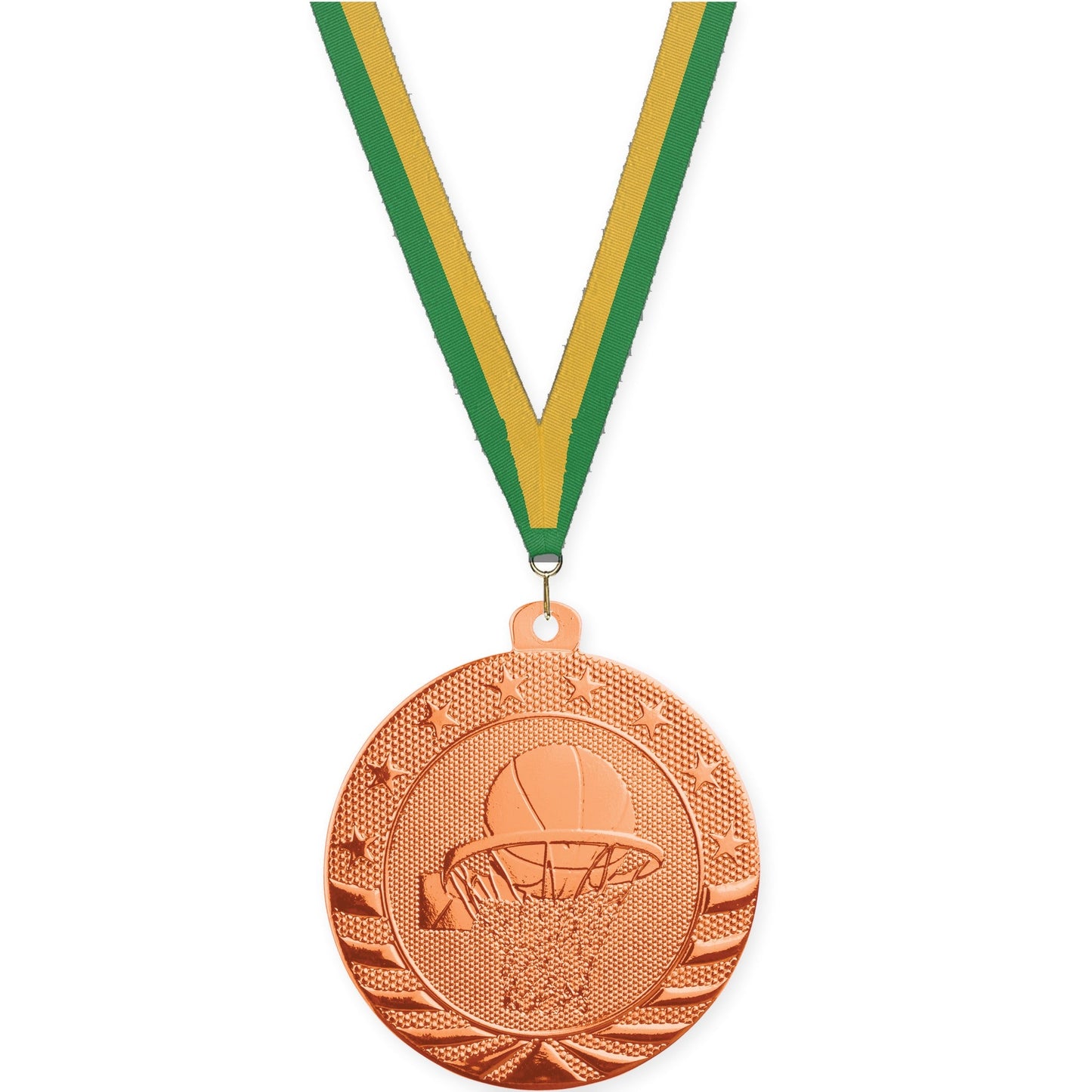 2 inch basketball Starbrite medal in bright bronze with Green Gold neck ribbon