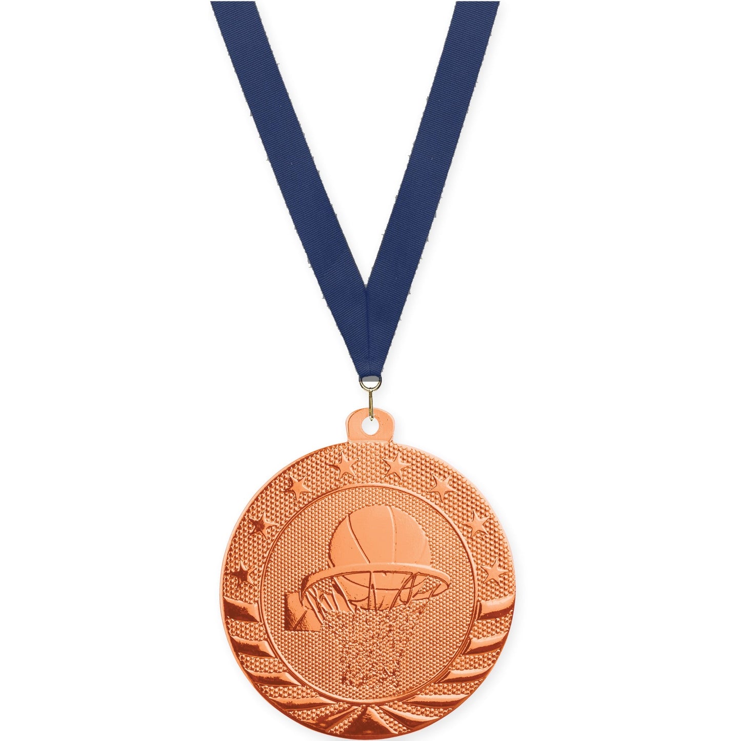 2 inch basketball Starbrite medal in bright bronze with Navy neck ribbon
