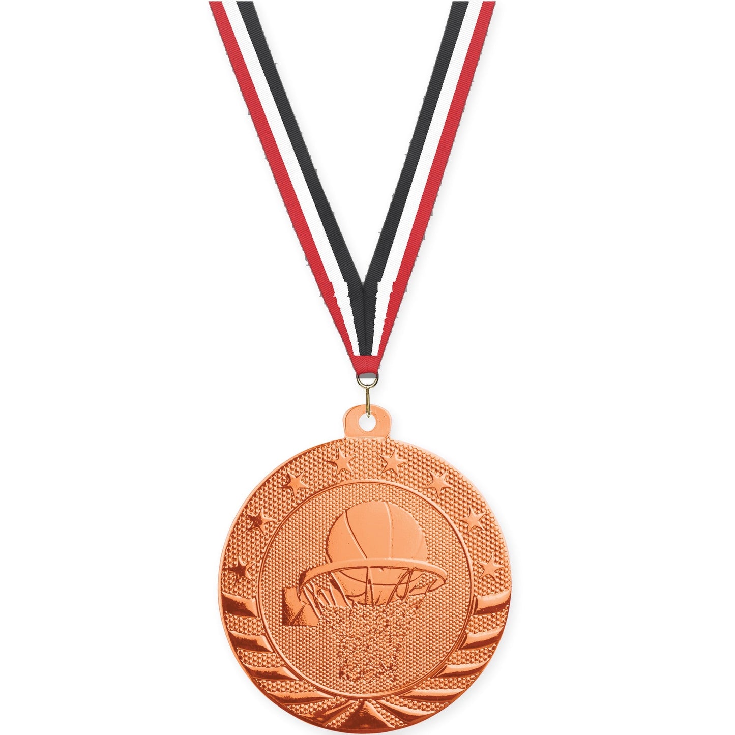 2 inch basketball Starbrite medal in bright bronze with Red White Black neck ribbon
