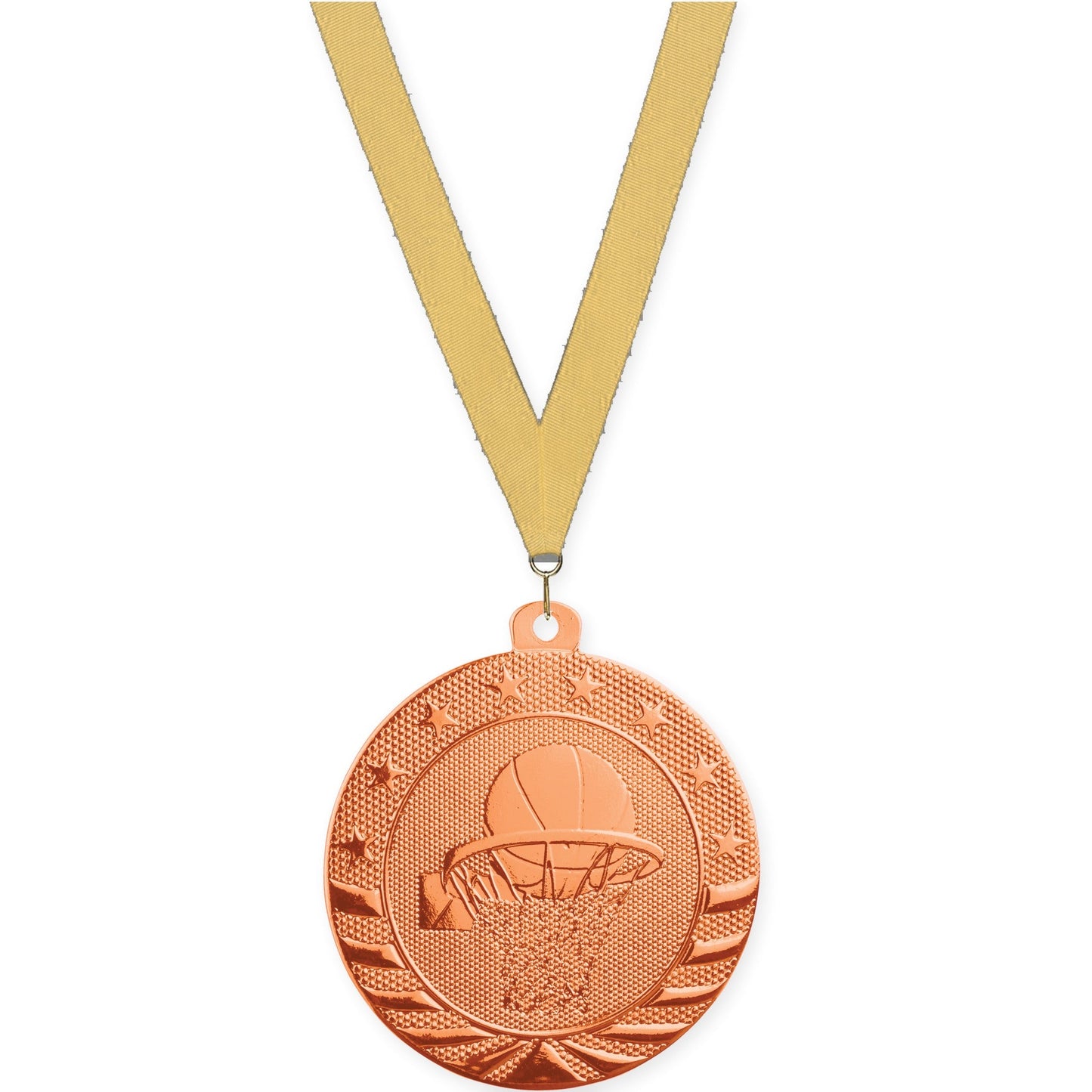 2 inch basketball Starbrite medal in bright bronze with Gold Metallic neck ribbon