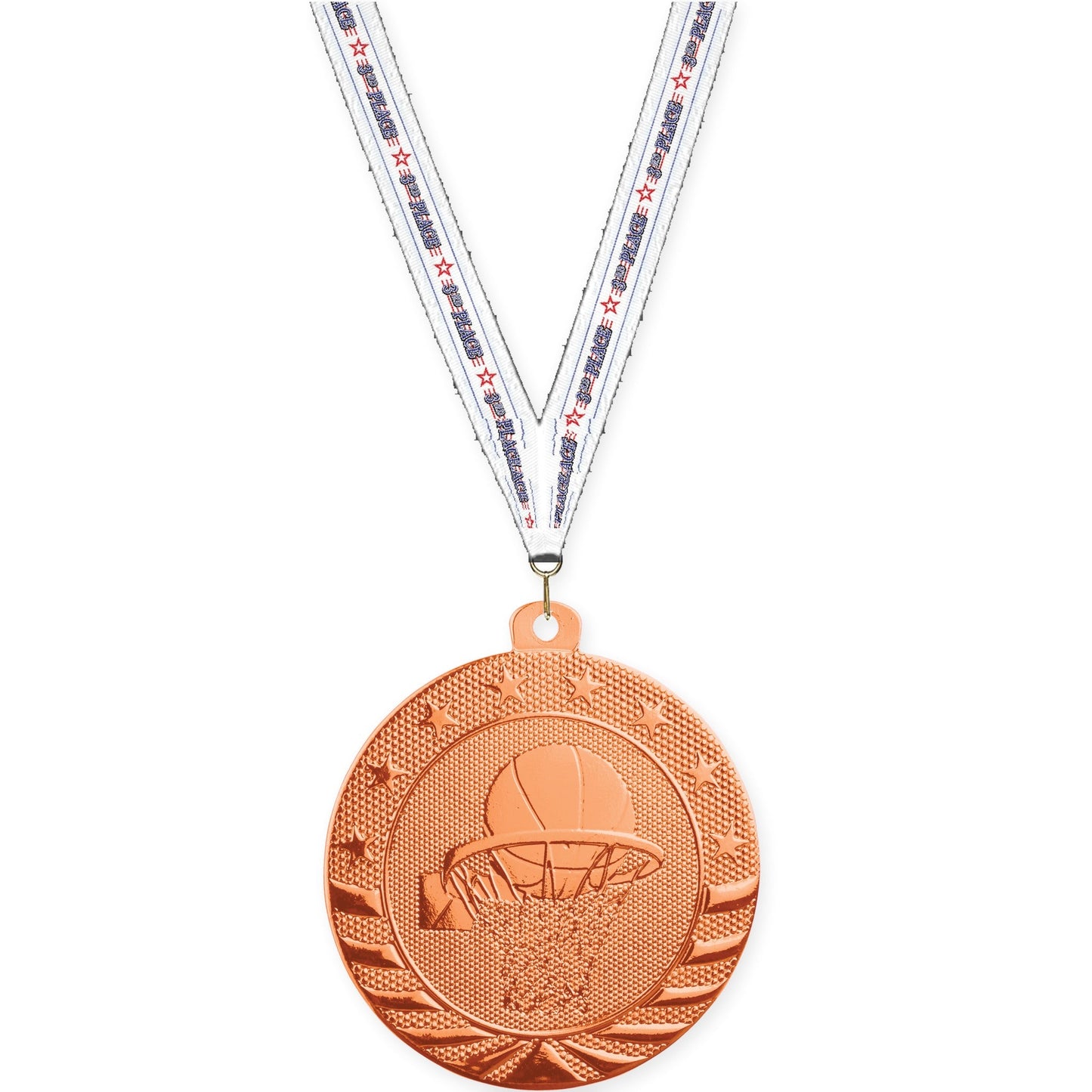 2 inch basketball Starbrite medal in bright bronze with 3rd Place neck ribbon