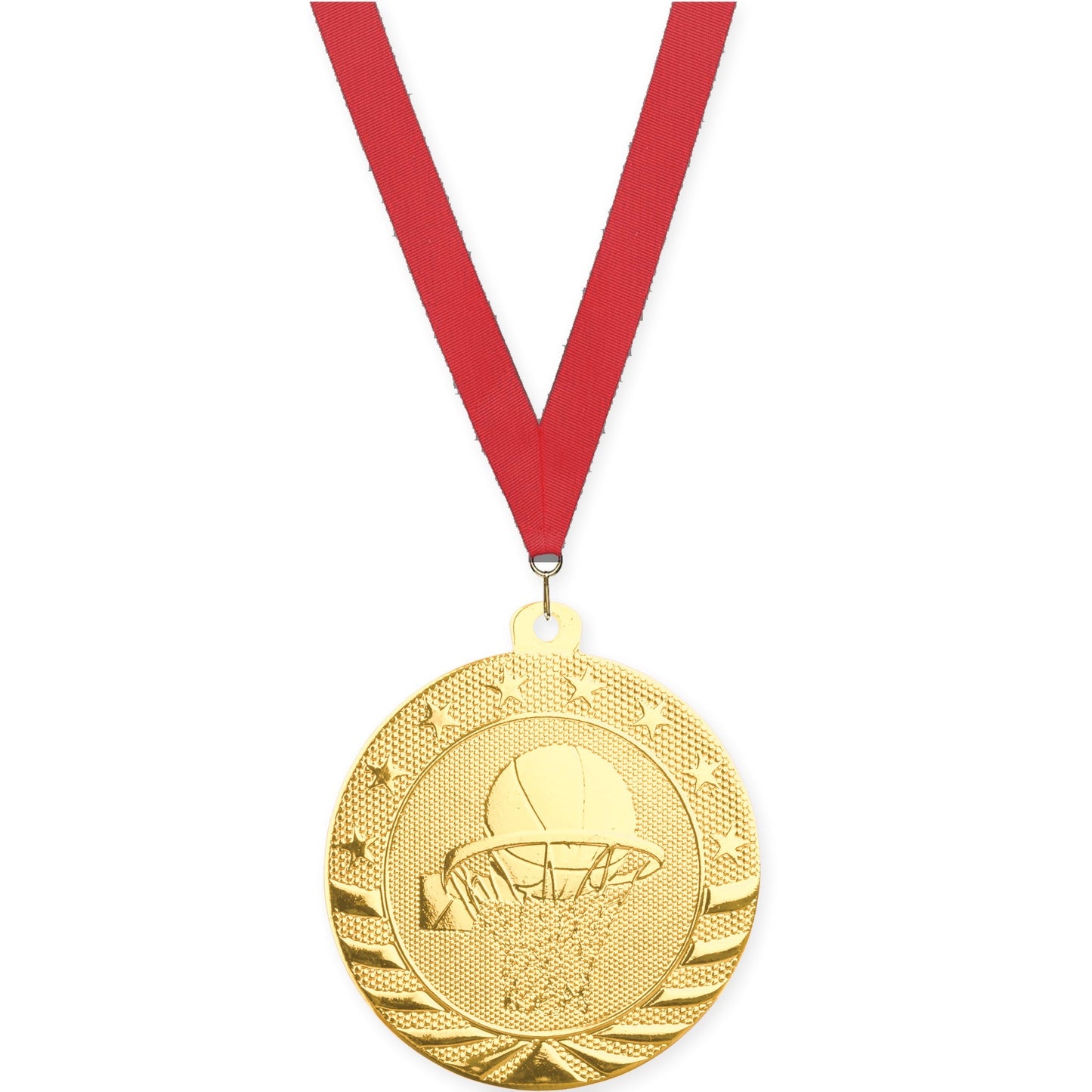 2 inch basketball Starbrite medal in bright gold with Red neck ribbon