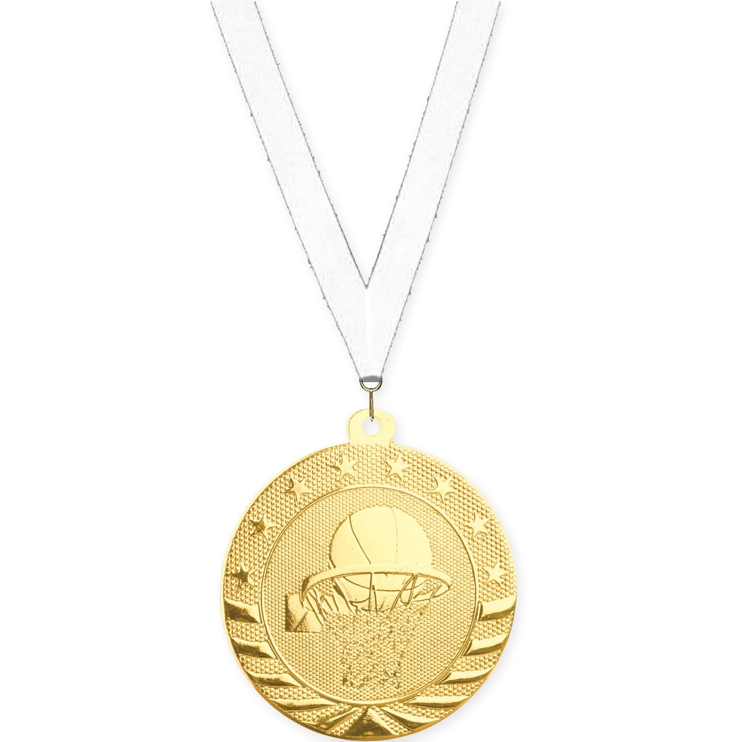 2 inch basketball Starbrite medal in bright gold with White neck ribbon
