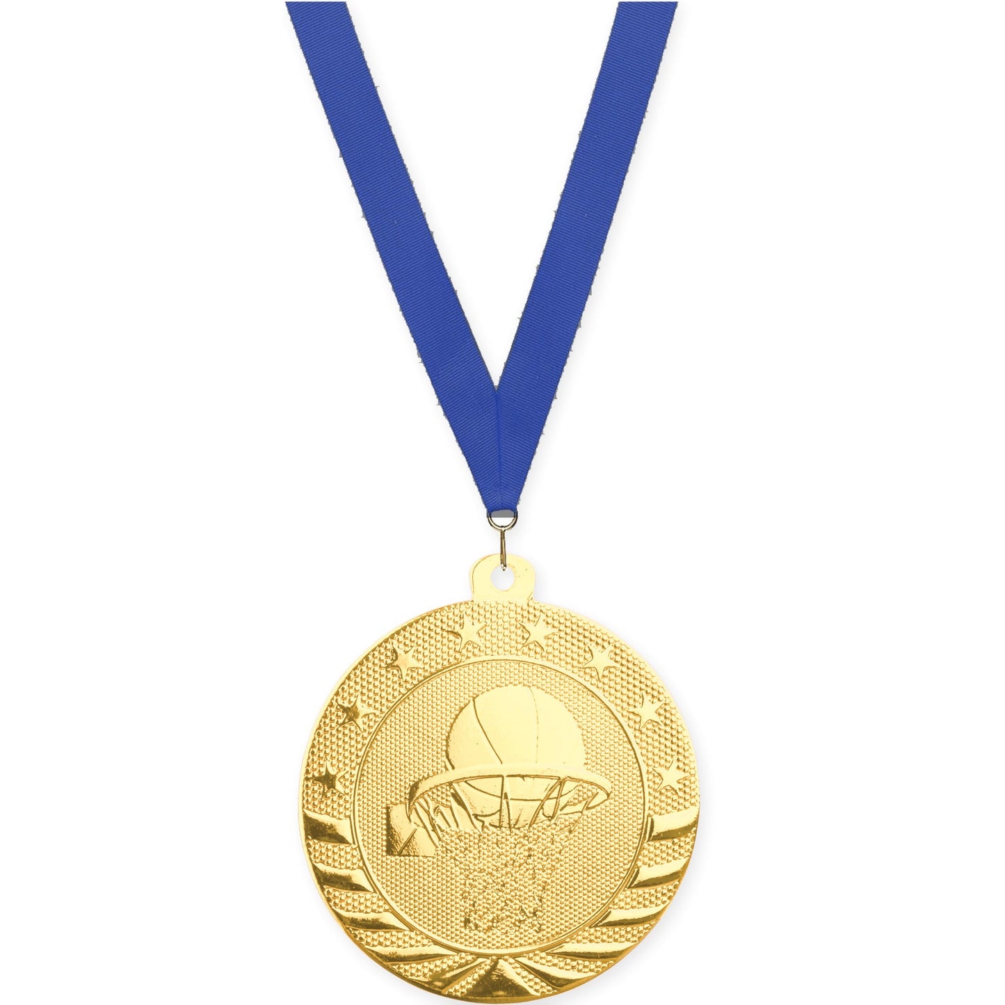 2 inch basketball Starbrite medal in bright gold with Blue neck ribbon
