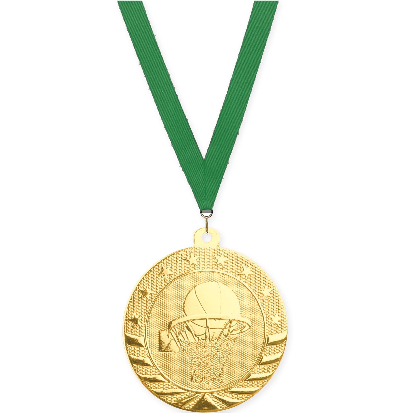 2 inch basketball Starbrite medal in bright gold with Green neck ribbon