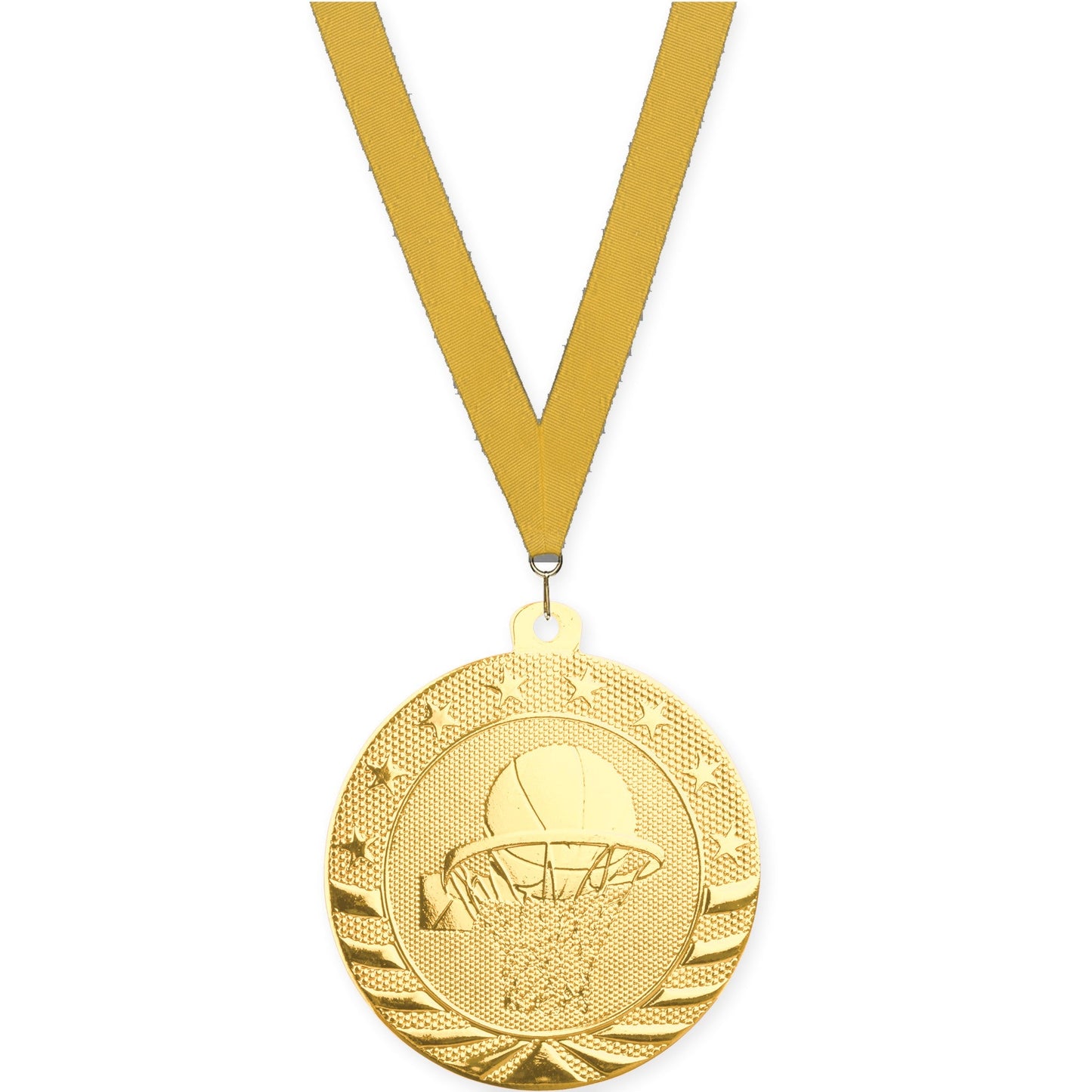 2 inch basketball Starbrite medal in bright gold with Gold neck ribbon