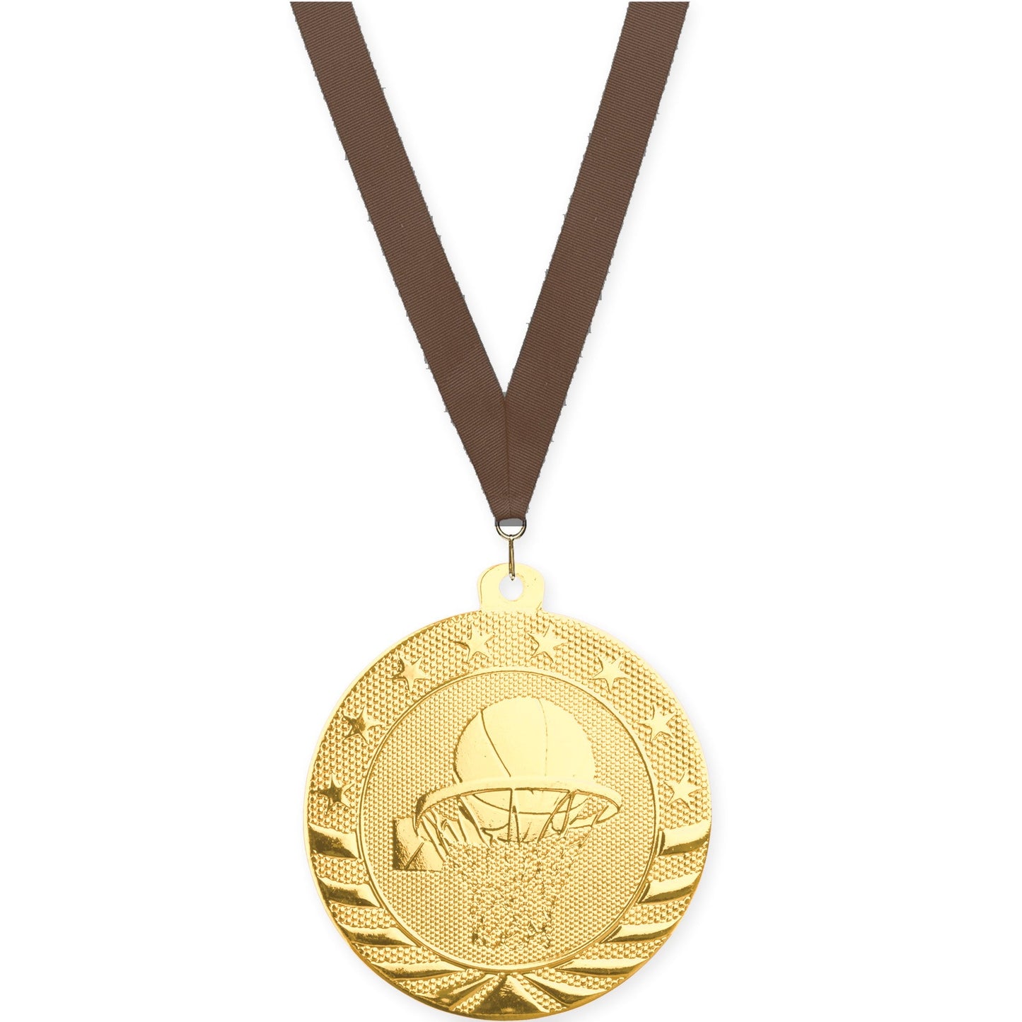 2 inch basketball Starbrite medal in bright gold with Brown neck ribbon