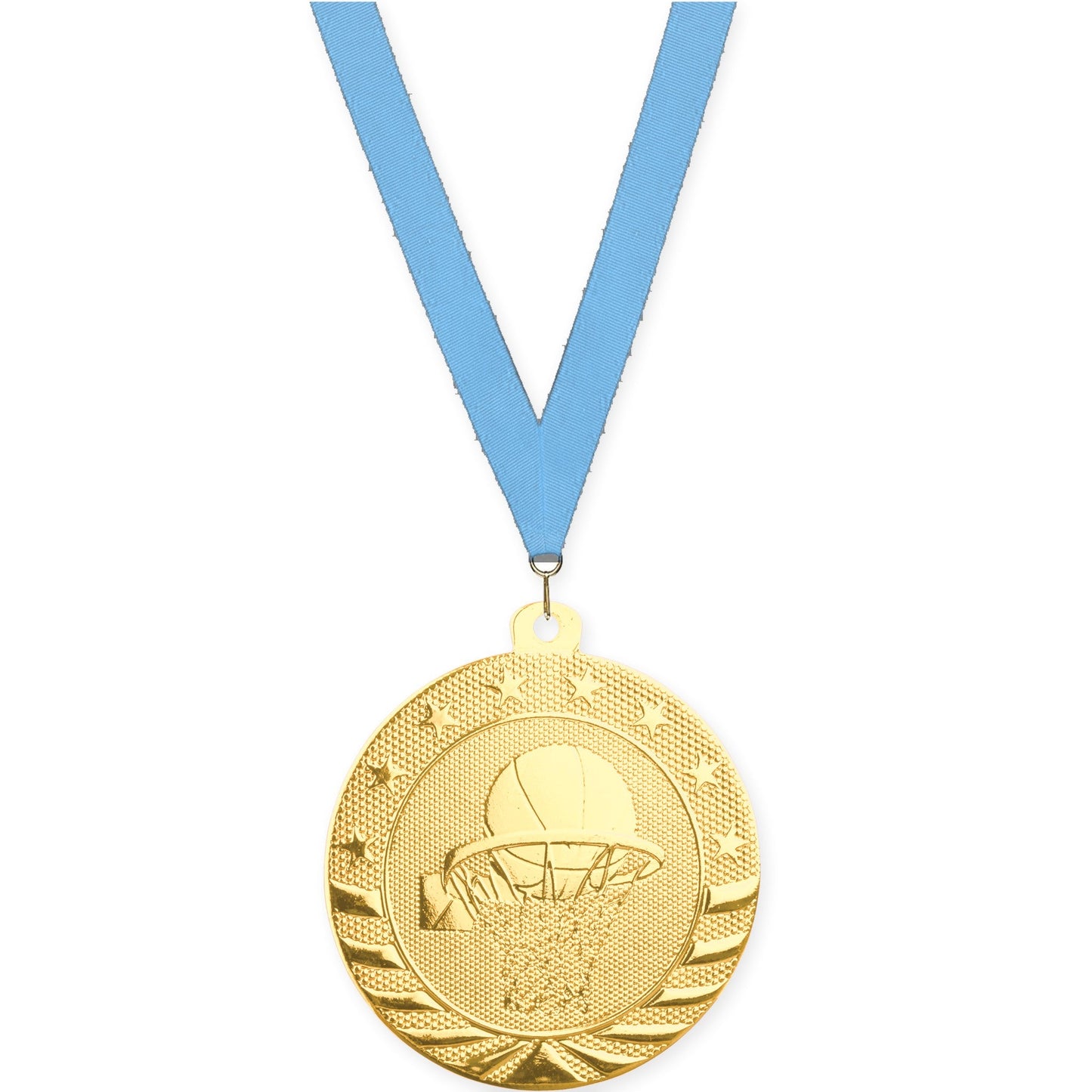 2 inch basketball Starbrite medal in bright gold with Light Blue neck ribbon