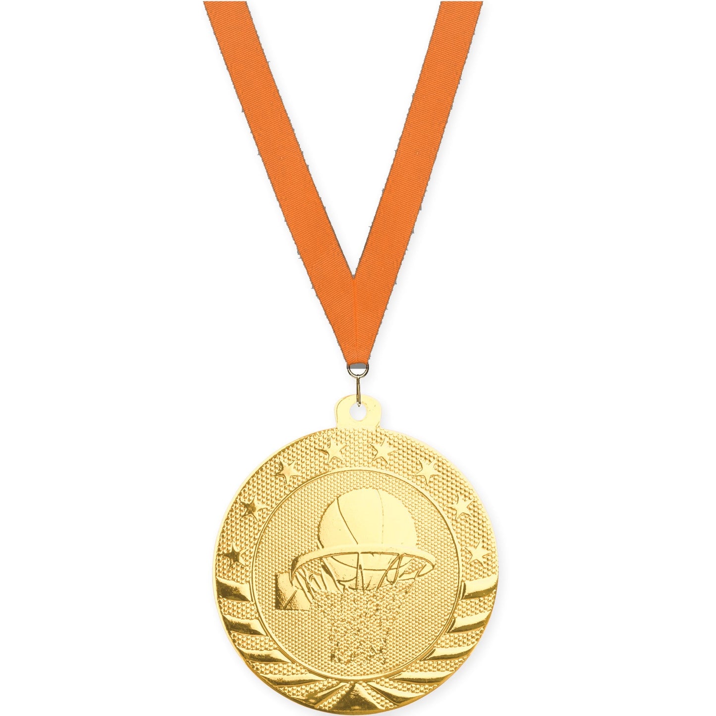 2 inch basketball Starbrite medal in bright gold with Orange neck ribbon