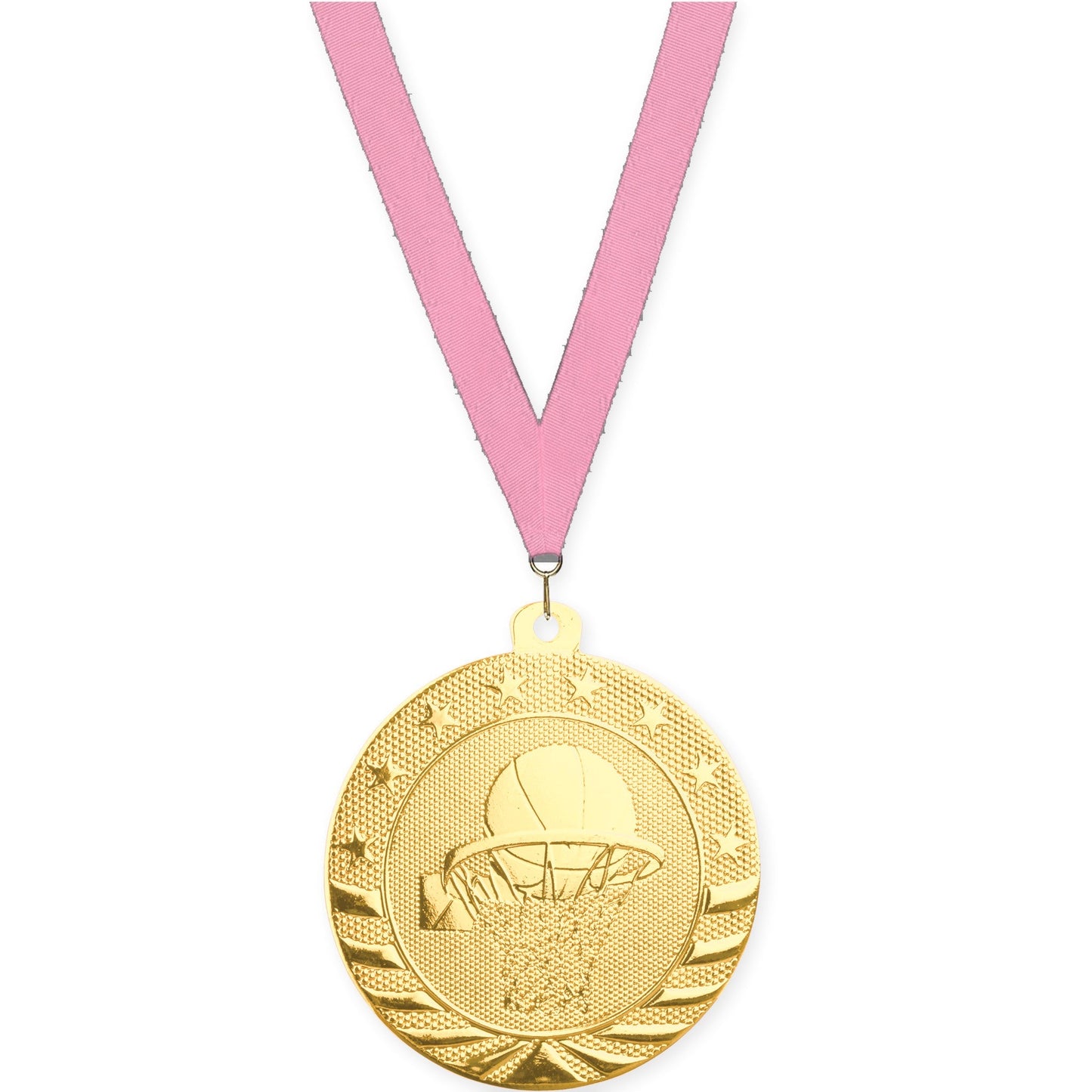 2 inch basketball Starbrite medal in bright gold with Pink neck ribbon