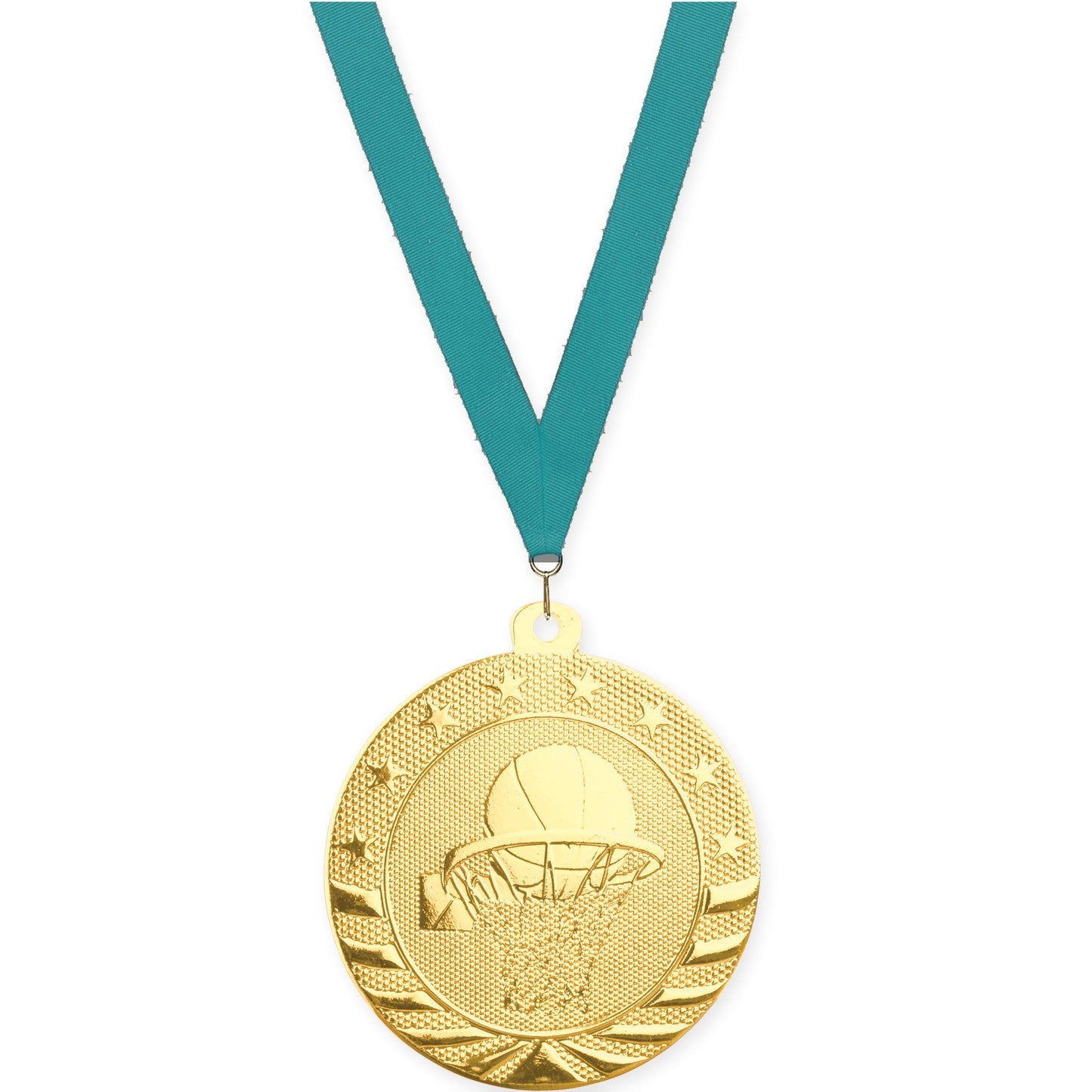 2 inch basketball Starbrite medal in bright gold with Teal neck ribbon