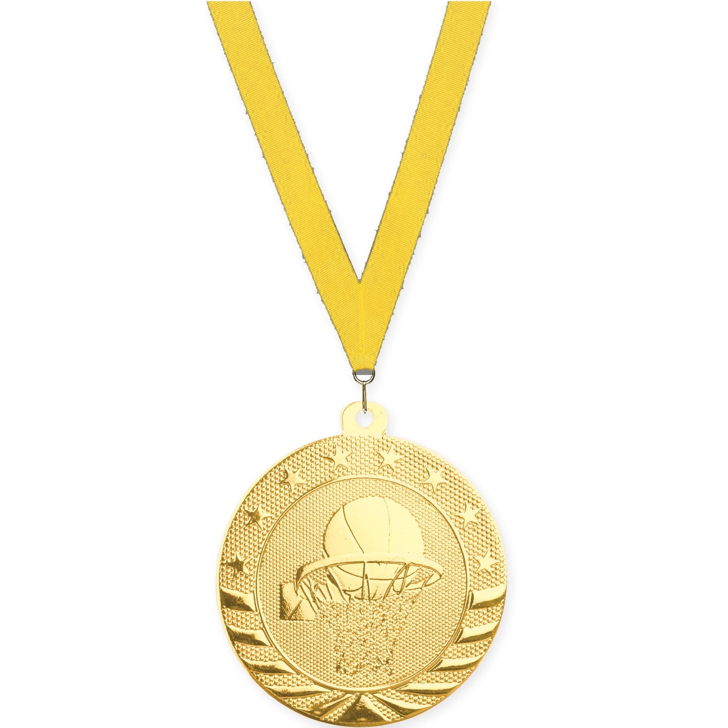2 inch basketball Starbrite medal in bright gold with Yellow neck ribbon