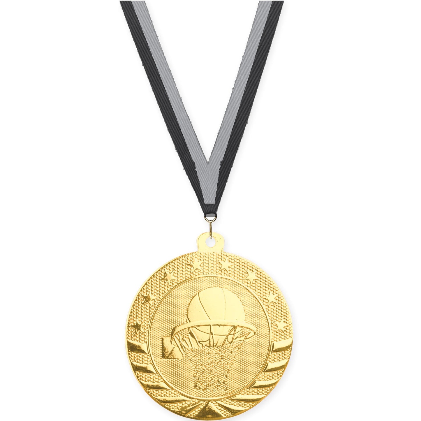 2 inch basketball Starbrite medal in bright gold with Black Gray neck ribbon