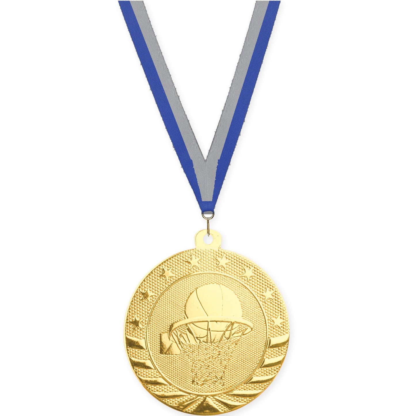 2 inch basketball Starbrite medal in bright gold with Blue Gray neck ribbon